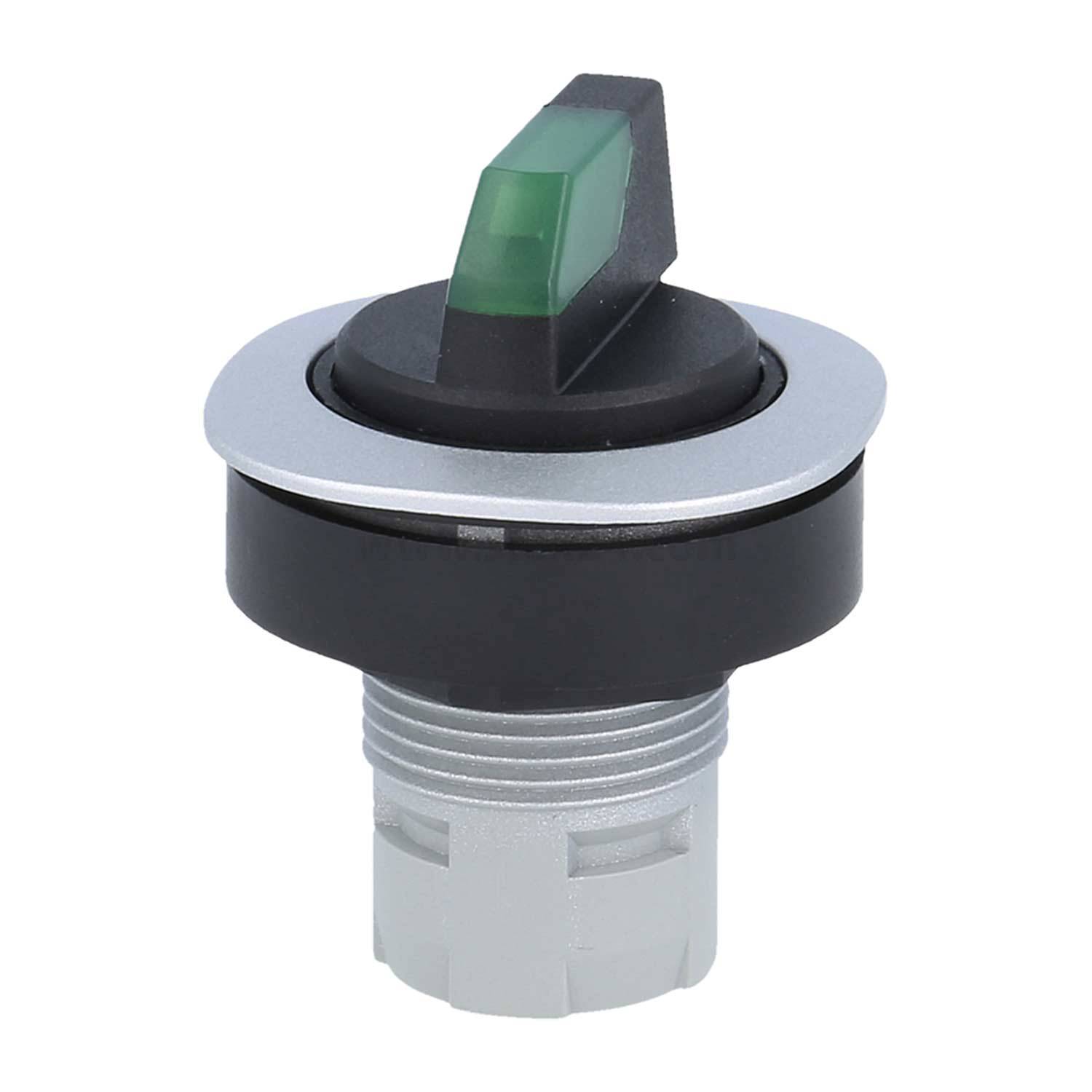 Ein schwarzer und silberner Drehschalter mit einem grünen Indikator auf der Oberseite; scheint eine Bedienkomponente für Schalttafelmontage zu sein.