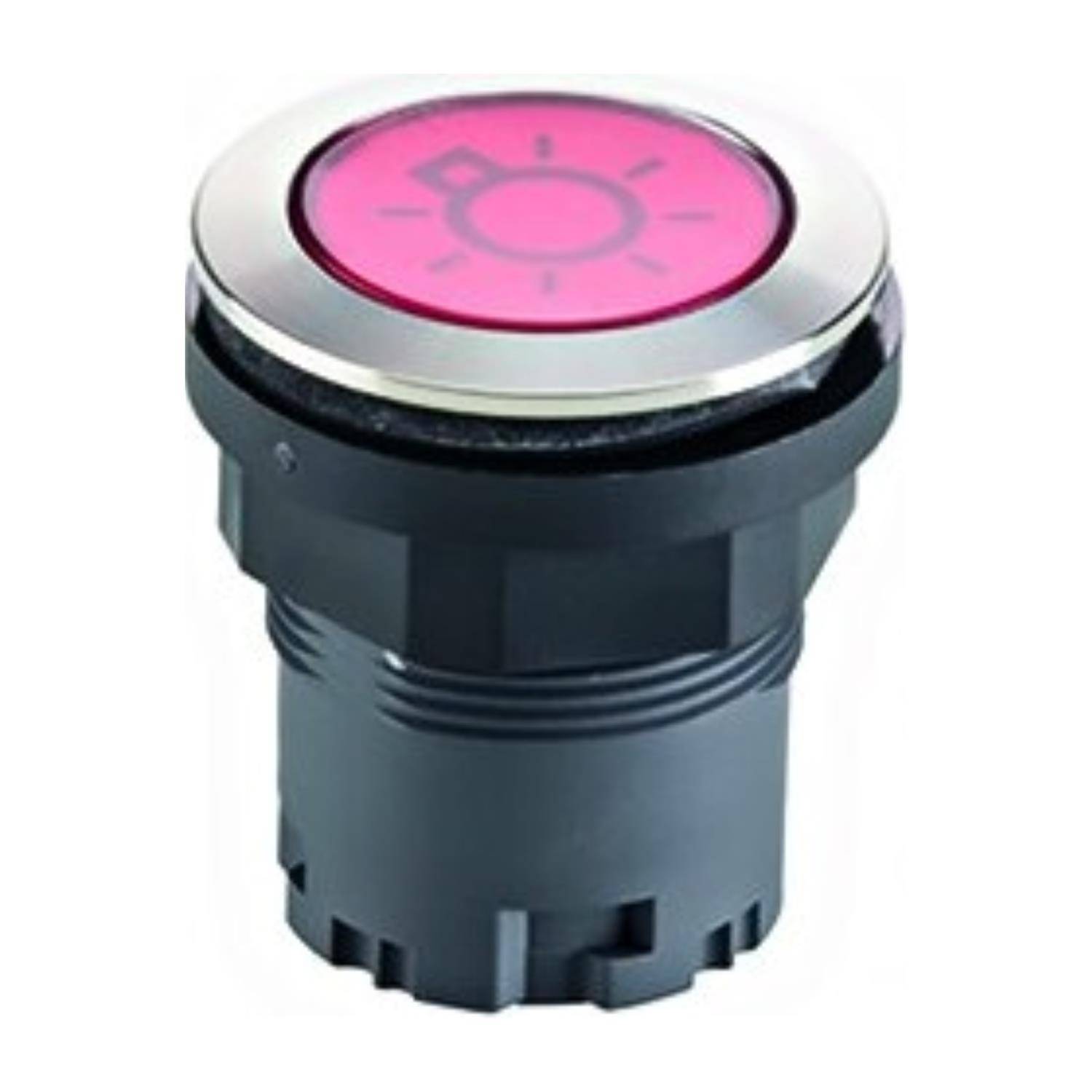 Eine runde, rote Taste mit einem Sonnensymbol in der Mitte, die möglicherweise eine Lichtsteuerungsfunktion anzeigt.