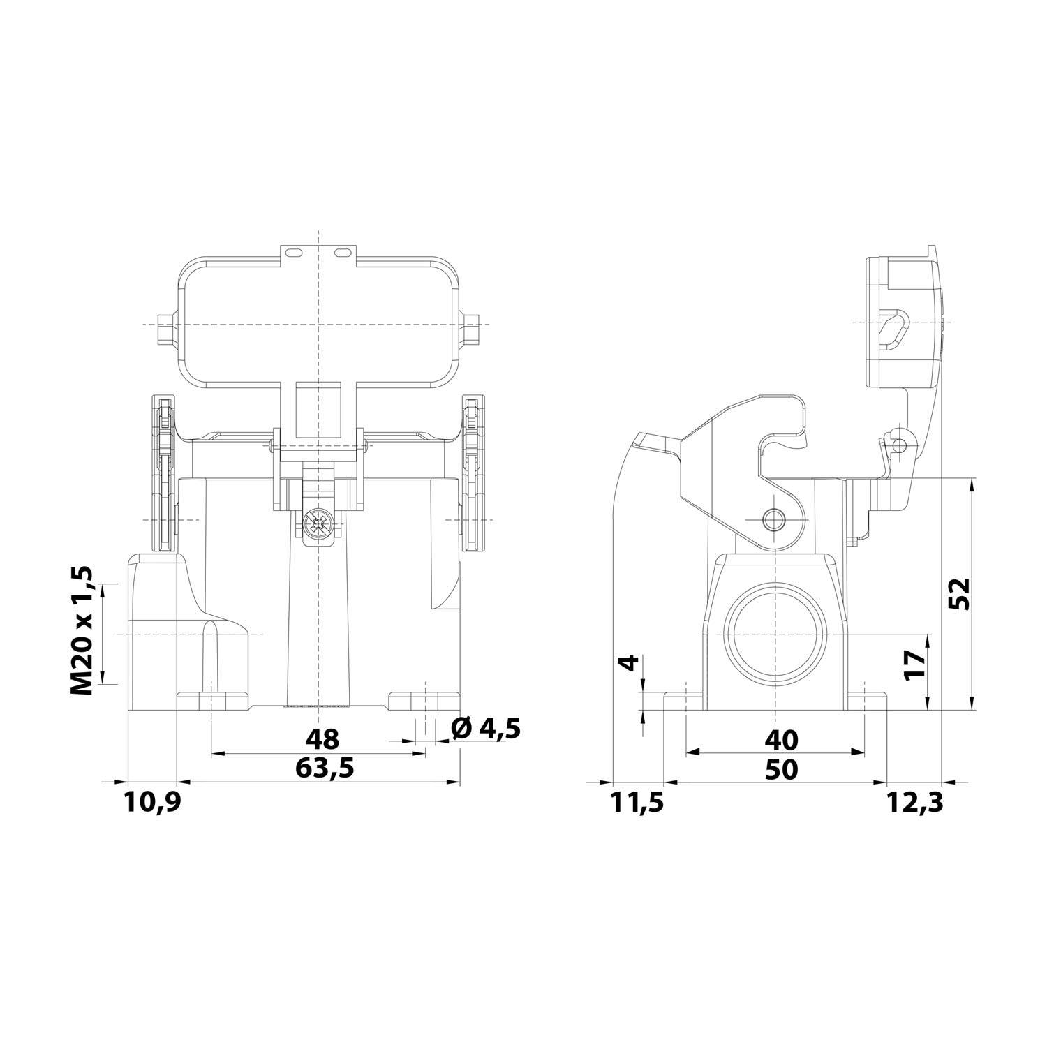 Technische Zeichnung mit zwei Ansichten eines mechanischen Bauteils mit beschrifteten Abmessungen, einschließlich Breiten, Höhen und Durchmessern in Millimetern.