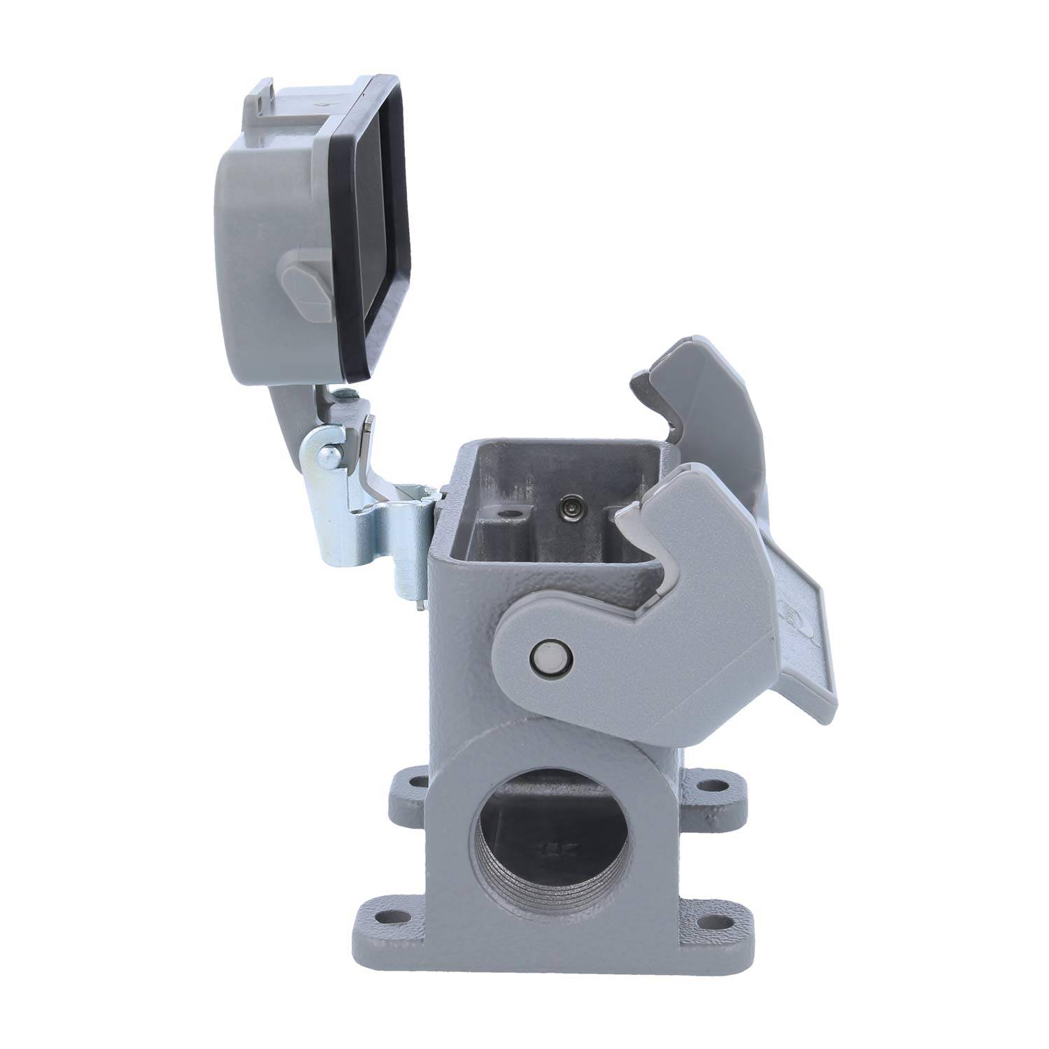 Ein graues elektrisches Gehäuse mit offener Abdeckung und Befestigungslöchern, konzipiert für die Unterbringung von industriellen Anschlüssen.