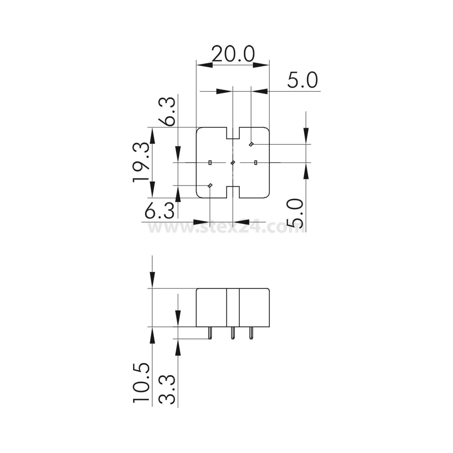 Technische Zeichnung einer elektronischen Komponente. Draufsicht: quadratische Form mit Abmessungen 20,0 mm x 19,3 mm. Seitenansicht: Höhe 10,5 mm.