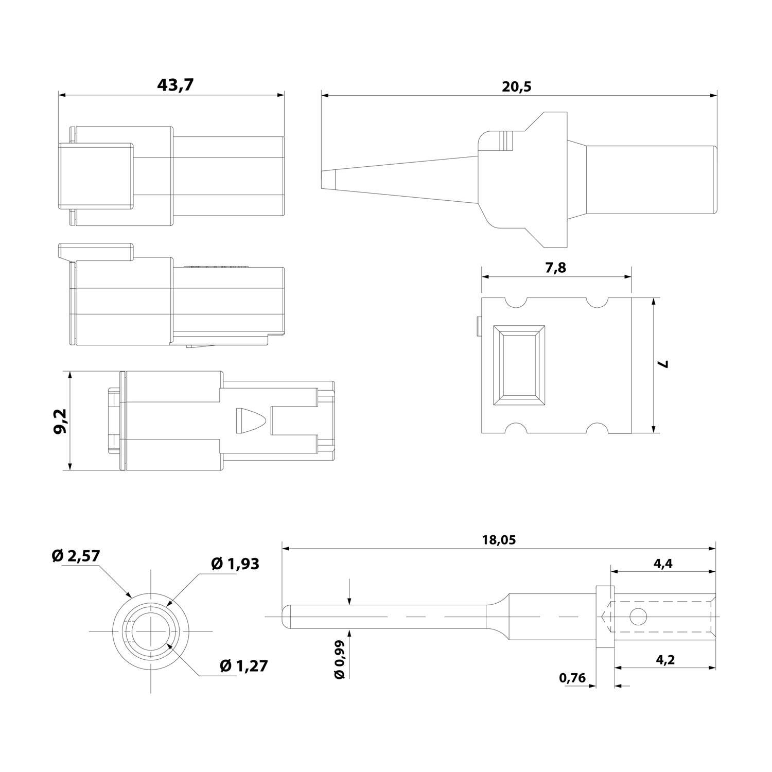 Technische Zeichnung eines Verbindungsstücks mit verschiedenen Ansichten: Draufsicht, Seitenansicht und Frontansicht, mit detaillierten Maßangaben in Millimetern.