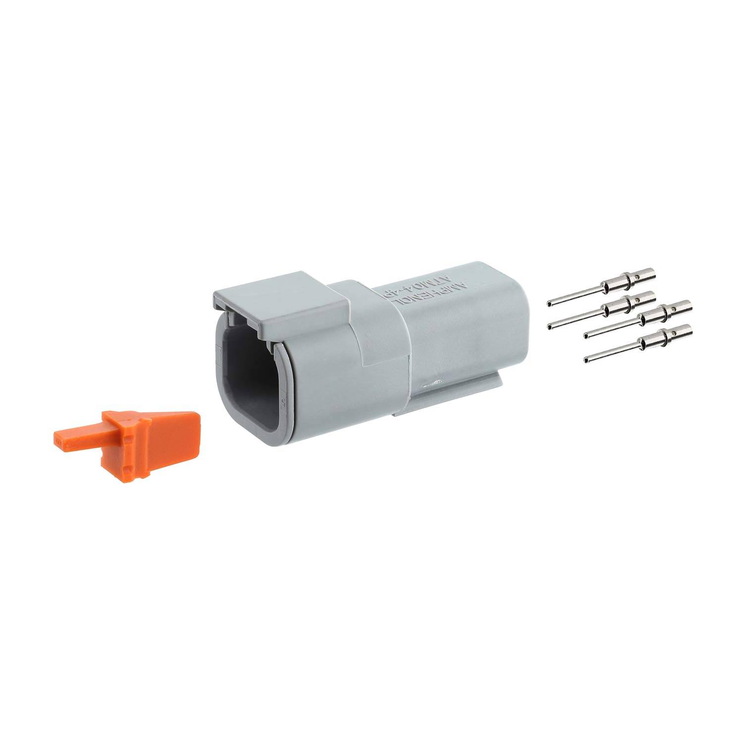 Ein graues Automotive-Anschlussgehäuse mit einem orangefarbenen Stecker und vier Metallstiften, verwendet für elektrische Verbindungen in Fahrzeugen.