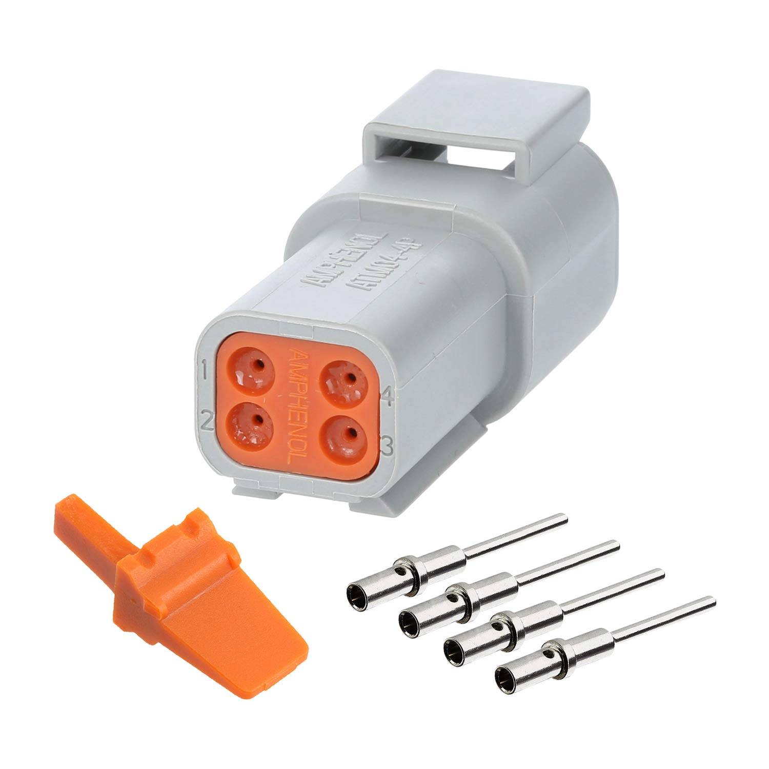 Ein industrieller Verbindungssatz umfasst ein graues Kunststoffgehäuse mit drei orangefarbenen kreisförmigen Anschlüssen, einem orangefarbenen Keil und vier metallischen Pins.