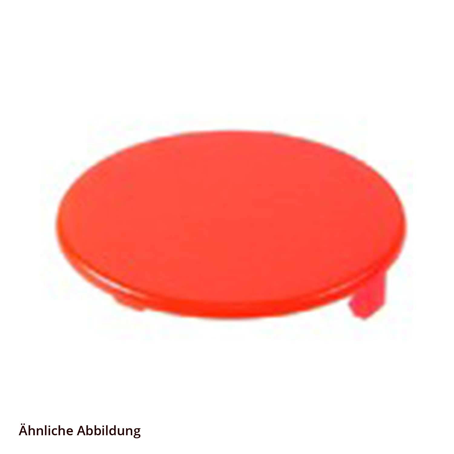 Roter, runder Kunststoffdeckel, von einem leicht schrägen Winkel aus betrachtet, mit glänzender Oberfläche.