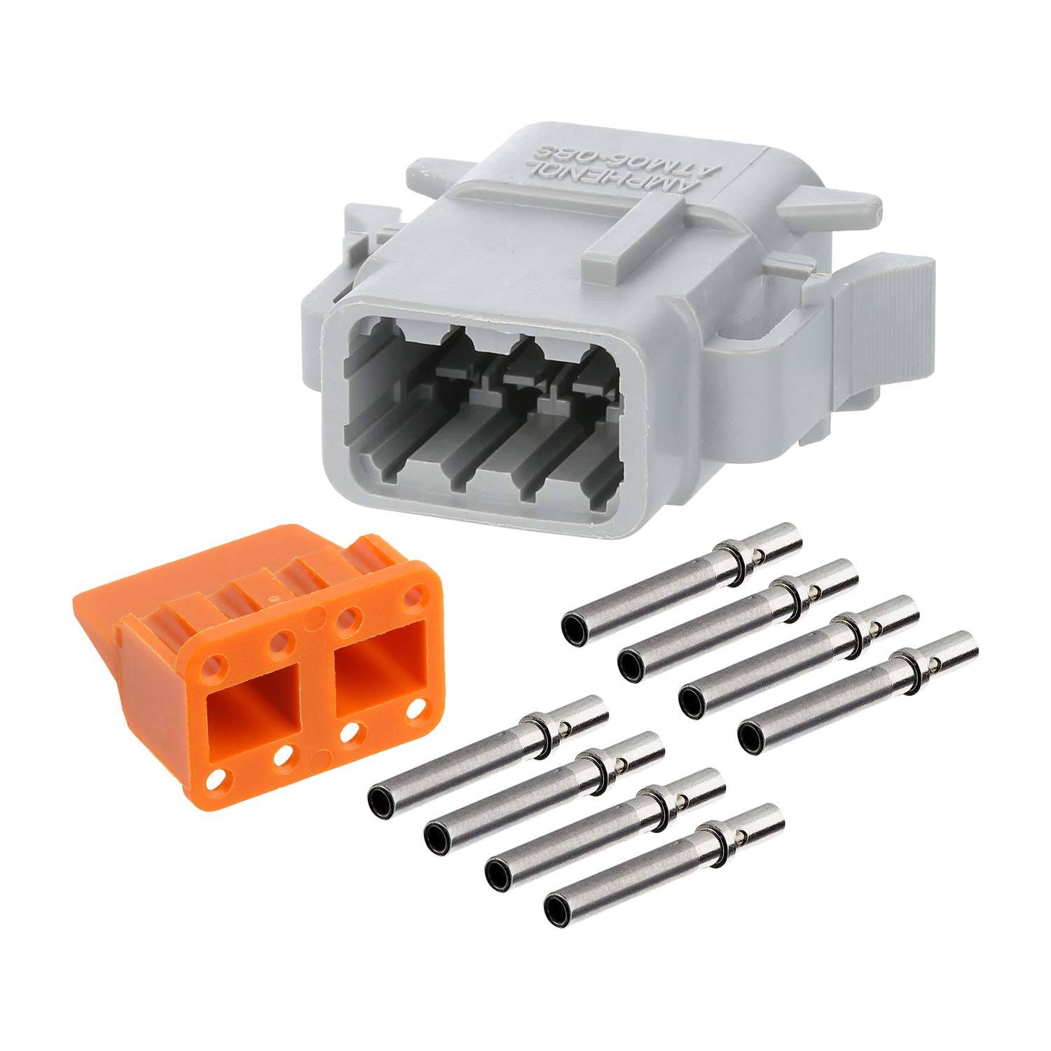 Automotive-Anschlussset mit graues Gehäuse, orangefarbener Kappe und sieben Metall-Kontaktstiften, verwendet für Verkabelung und elektrische Verbindungen in Fahrzeugen.