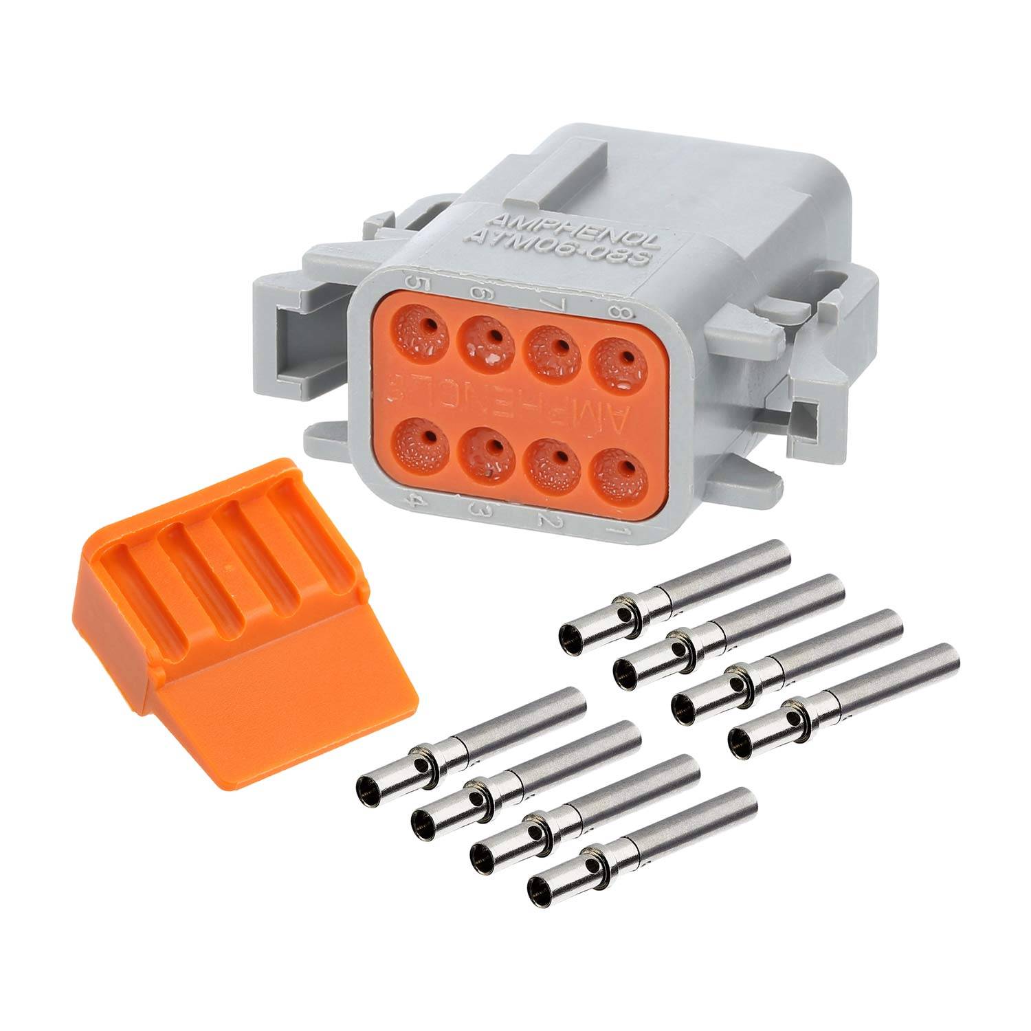 Ein grau-farbenes Steckergehäuse mit einer orangen Abdeckung und acht Metallstiften. Geeignet für elektrische Verbindungen, wahrscheinlich in automobilen oder industriellen Anwendungen.