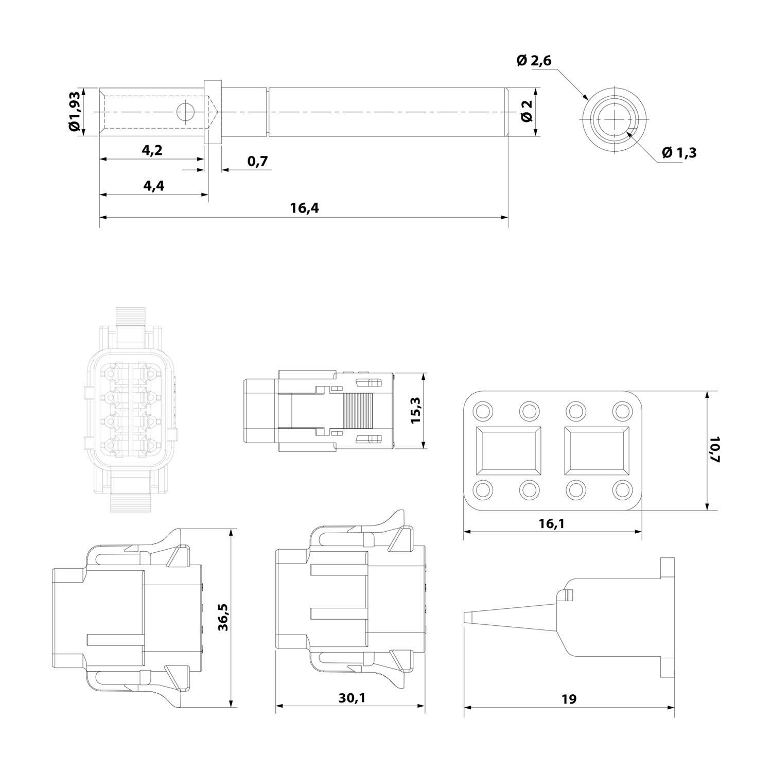 Technische Zeichnung der mechanischen Komponente mit mehreren Ansichten, Abmessungen in Millimetern wie 'Ø2,6', '30,1' und '16,4'.