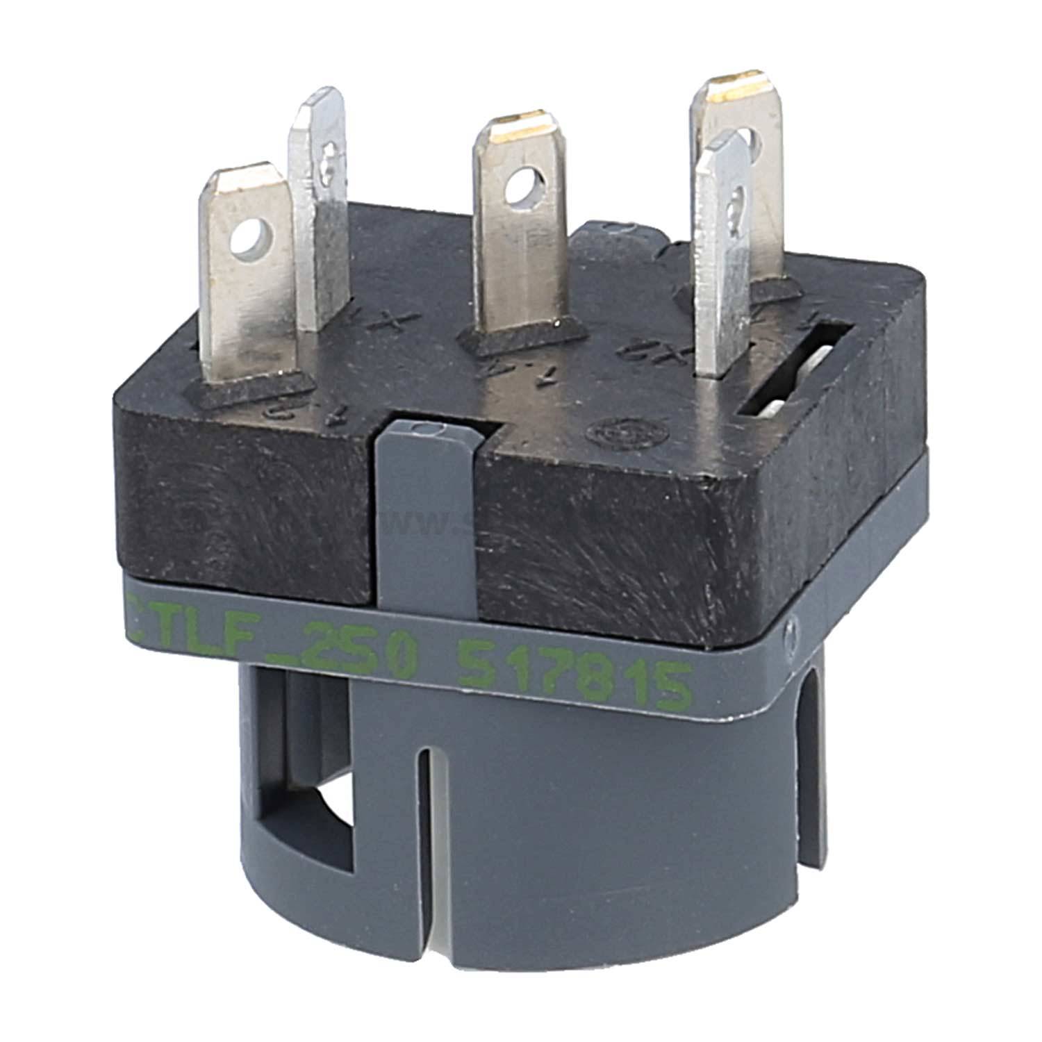 Eine sechspolige elektrische Komponente mit einem schwarzen rechteckigen Oberteil und einer grauen zylindrischen Basis zur Steuerung elektrischer Schaltkreise.