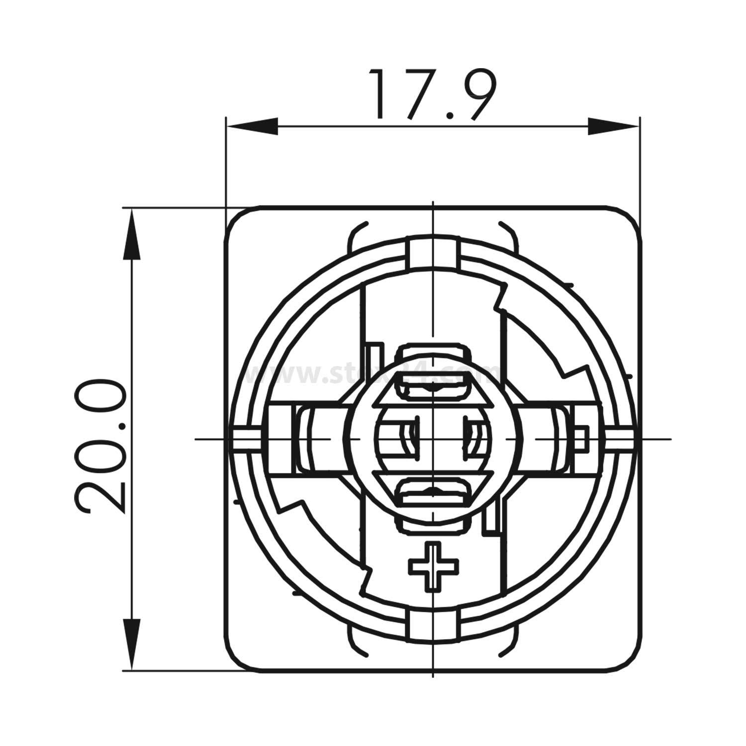 Ein technisches Diagramm einer kreisförmigen Komponente mit einem Pluszeichen in der Mitte, Abmessungen angegeben als 17,9 x 20,0 Einheiten.