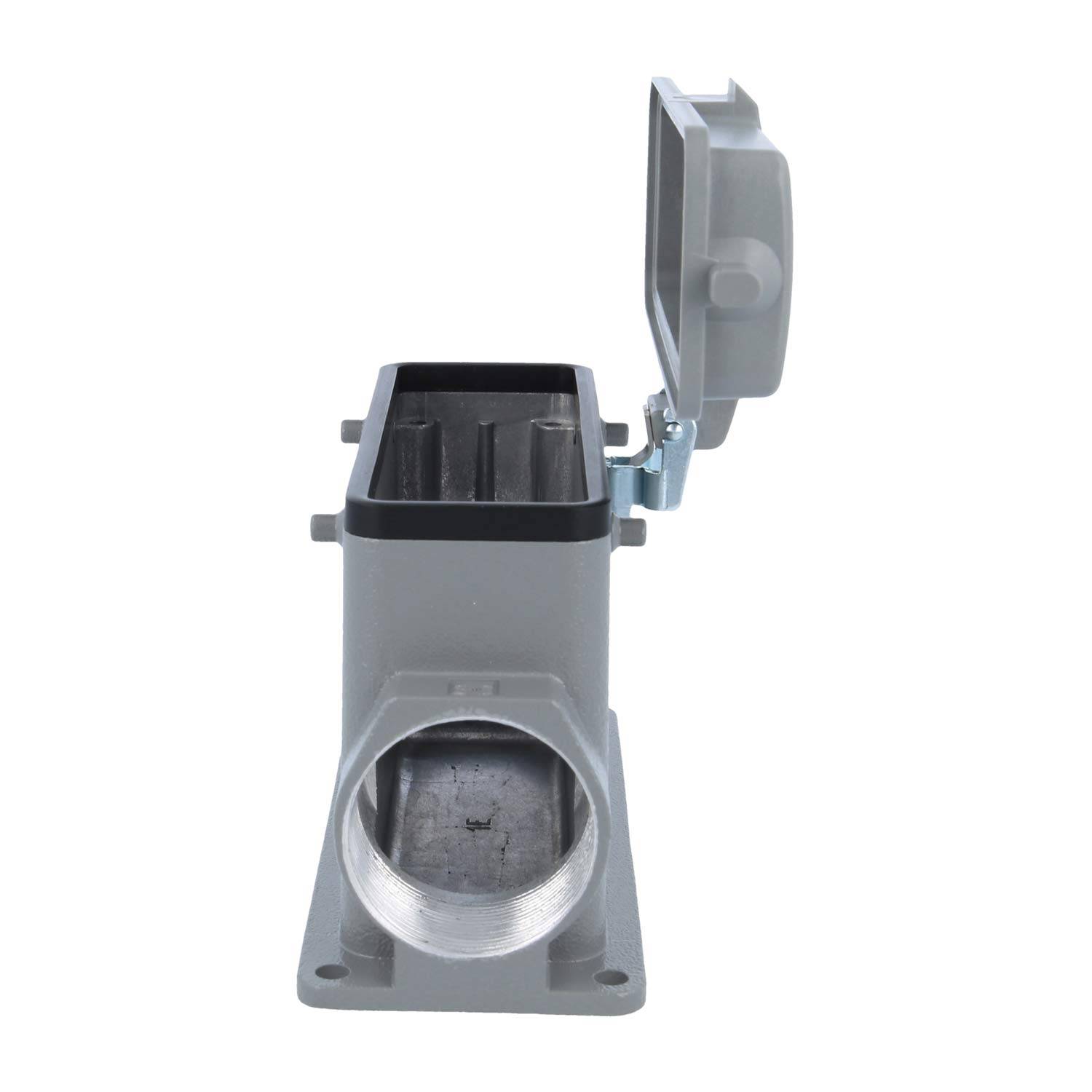 Ein Bild, das einen metallischen Rohranschlusskasten mit offener Abdeckung zeigt.