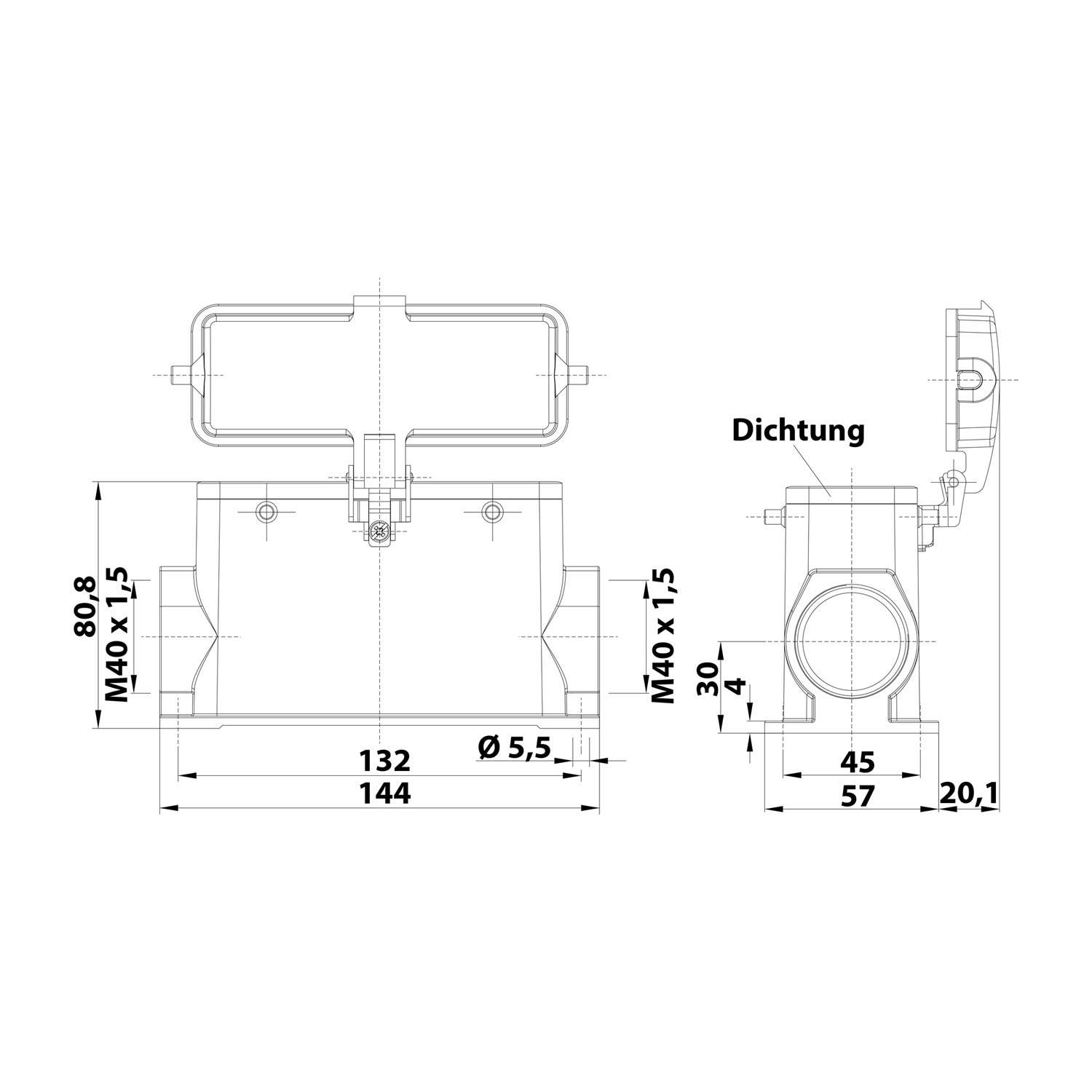 05300240281 HARTING Han 24B Sockelgehäuse hoch, 2xM40 seitlicher Kabelabgang, für 2 Bügel (am Oberteil) mit Schutzkappe