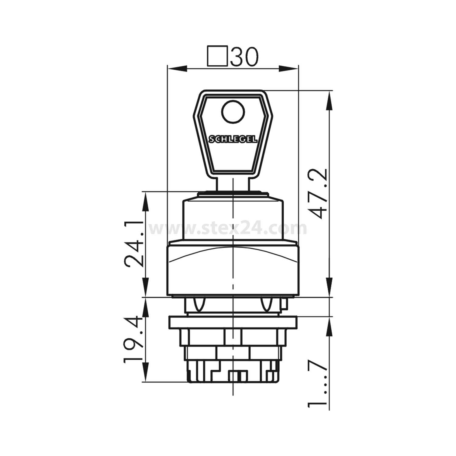Schlegel Schlüsselschalter-Diagramm mit Maßangaben, einschließlich Breite 30 mm, Höhe 47,2 mm und zusätzlichen Abmessungen für die Installation.
