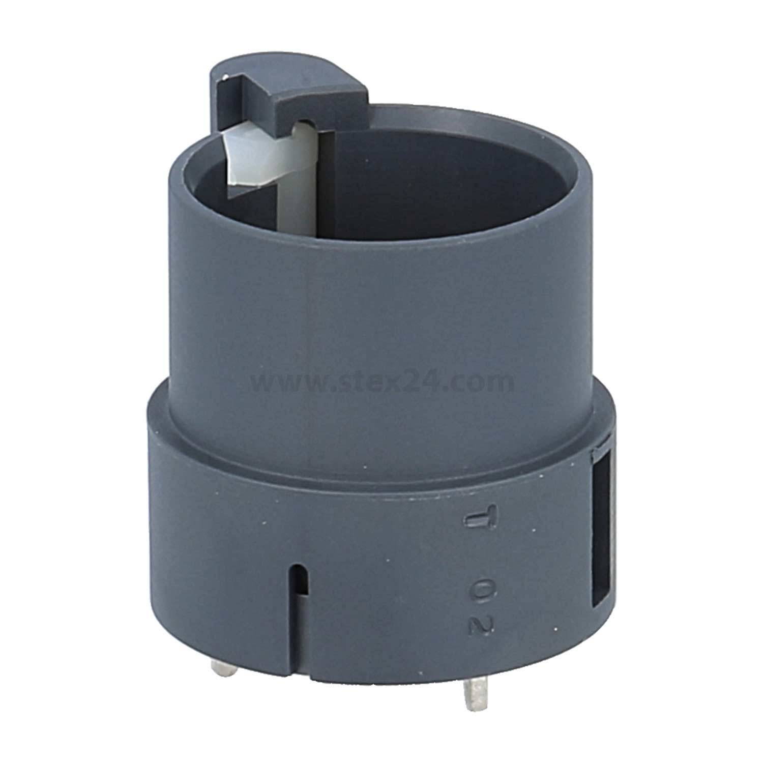 Eine Plastik-Zylinderbaukomponente mit Pins an der Basis, die für elektrische Verbindungen oder Schaltungsanwendungen verwendet wird.