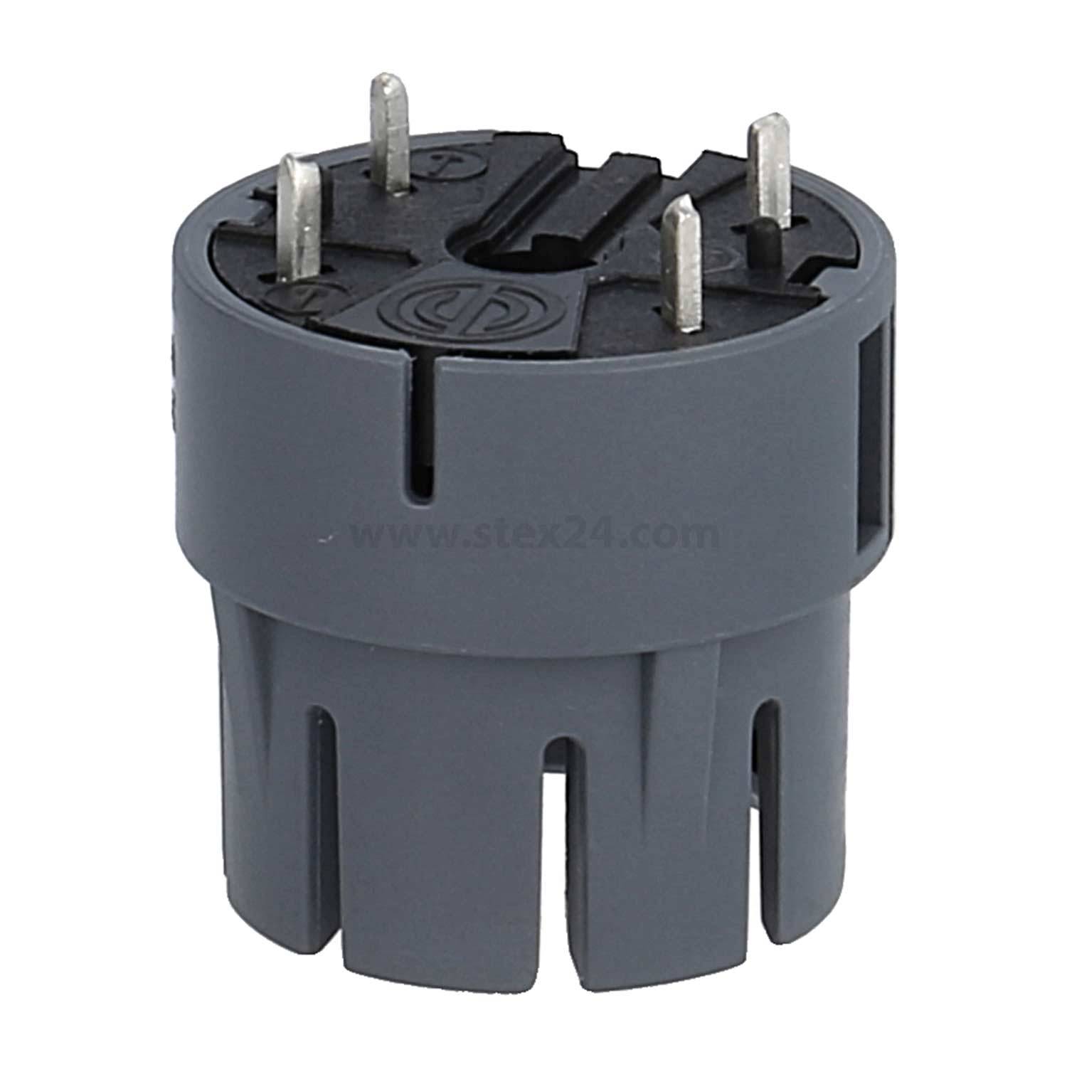 Ein zylindrischer elektrischer Steckadapter mit vier Metallstiften und einer dunkelgrauen Basis. Entwickelt für sichere elektrische Verbindungen.