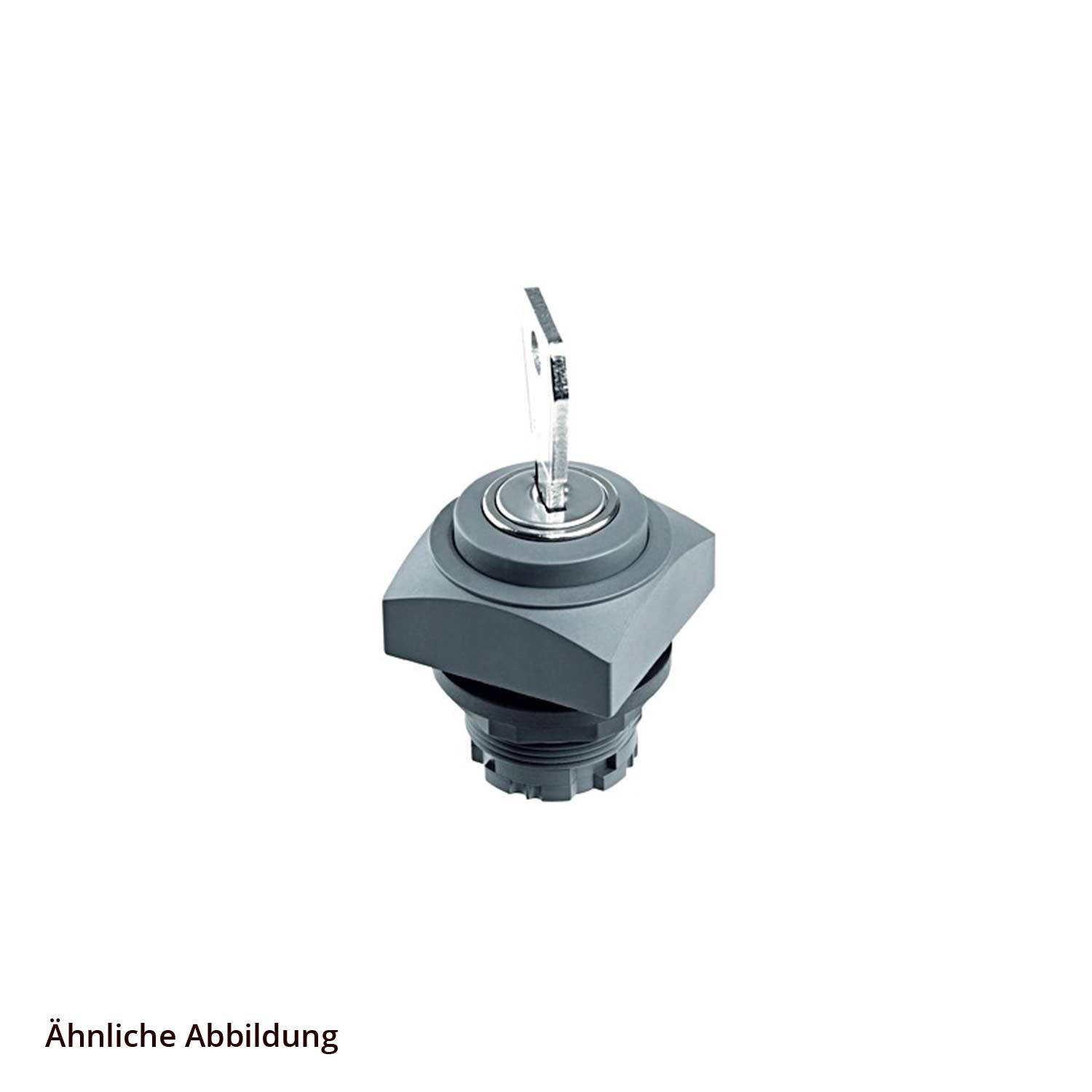 Ein Schlüssel, der in einen Metallschalter mit quadratischer Basis eingeführt wird und einem Zündungssystem ähnelt. Text liest: 