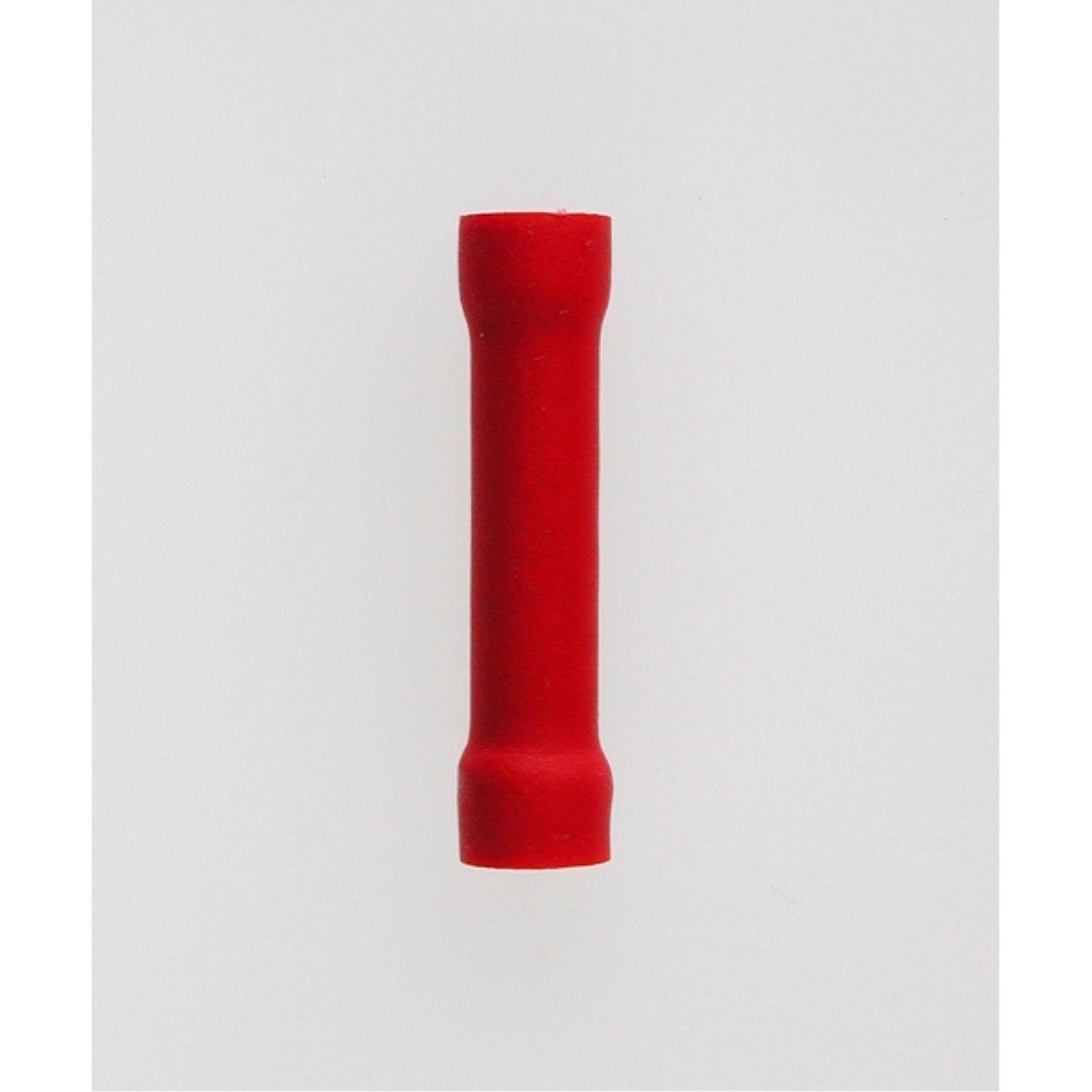 Ein kleines, rotes, zylindrisches Objekt mit flachen Enden, das einem elektrischen Anschluss oder einer Ferrule ähnelt, vor einem schlichten weißen Hintergrund.