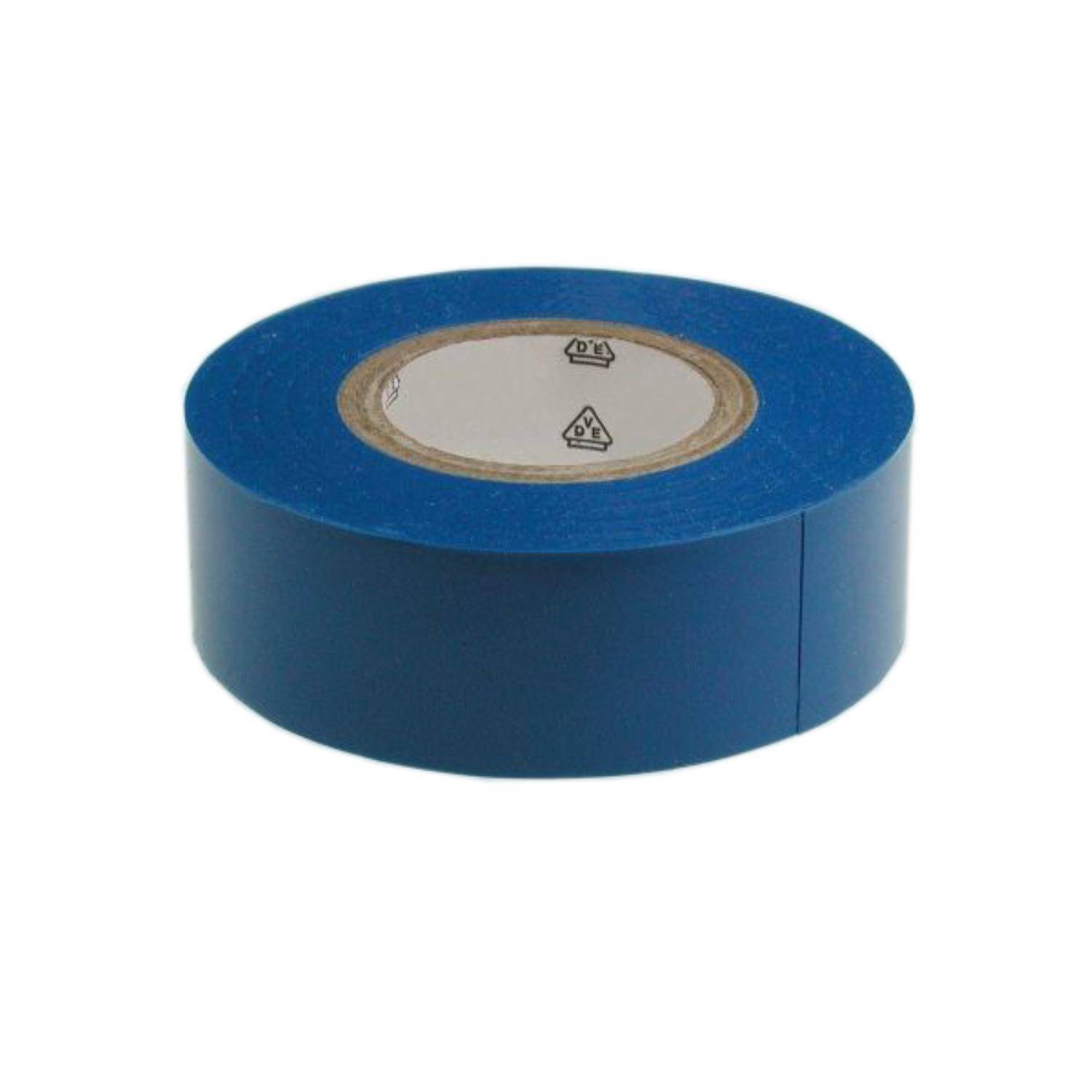 Eine Rolle blaues Klebeband steht aufrecht und zeigt ihr seitliches Profil. Der innere Pappkreis weist kleine schwarze Symbole auf.