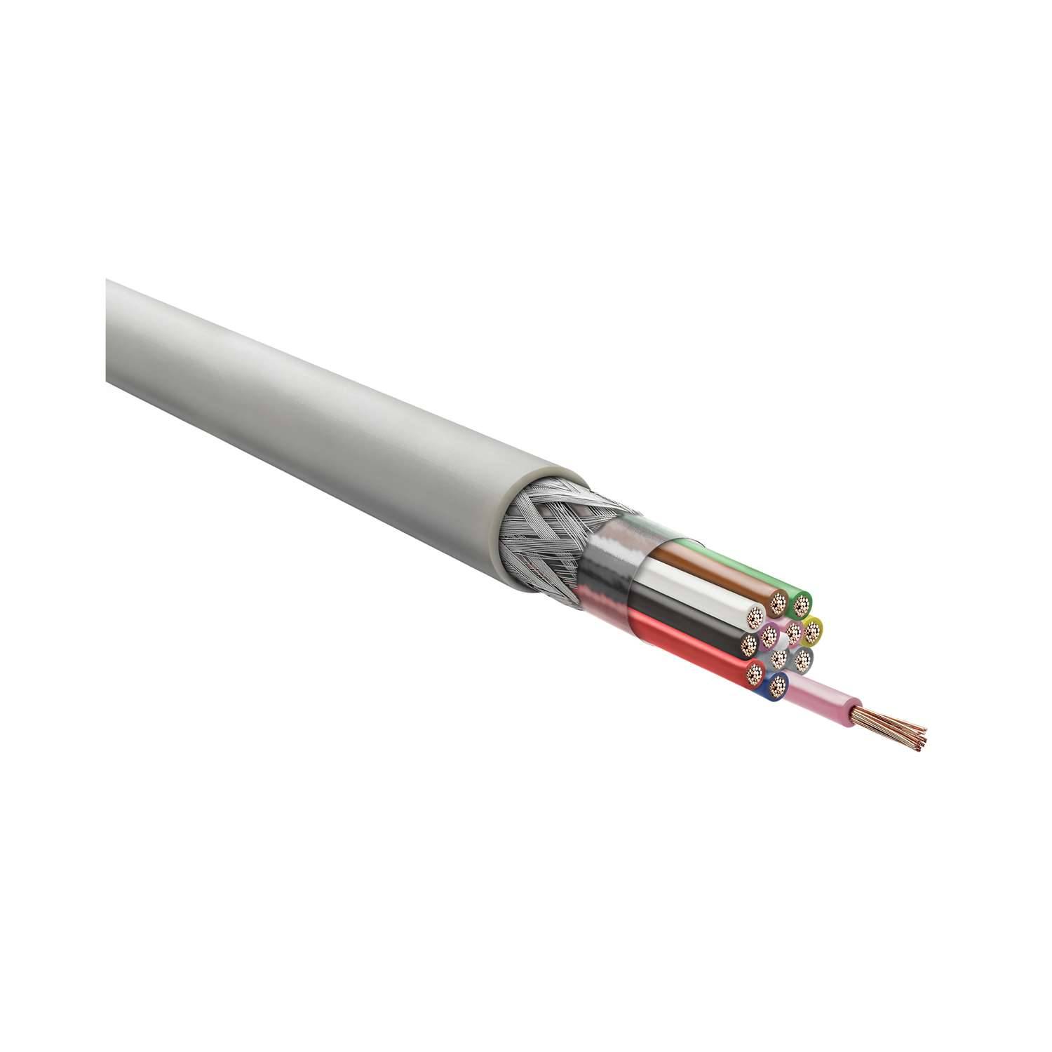 Ein weißes abgeschirmtes Elektrokabel mit mehreren farbigen isolierten Drähten, die an einem Ende freigelegt sind, wird zum Übertragen von Strom oder Signalen verwendet.