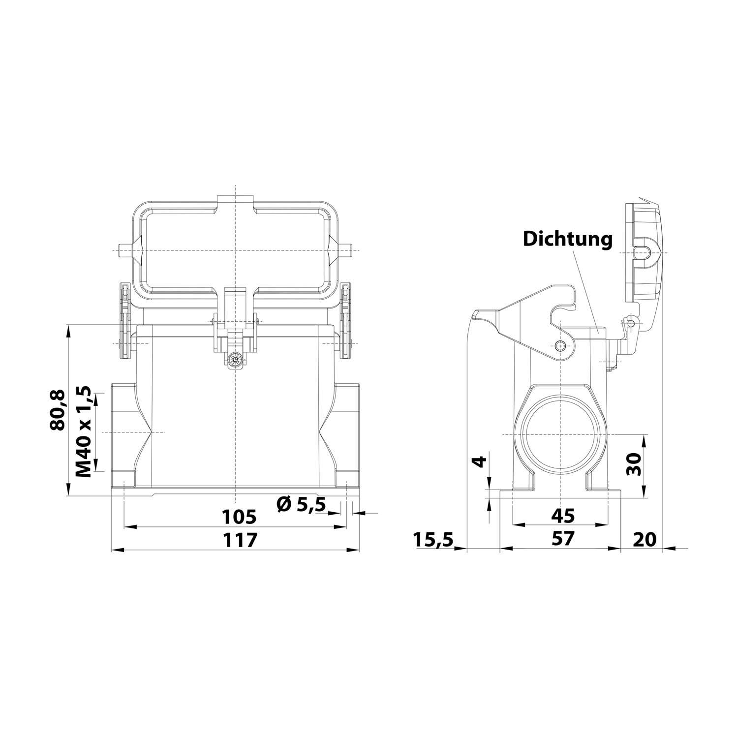 05300162272 HARTING Han 16B Sockelgehäuse hoch, 1xM40 seitlicher Kabelabgang, mit 1 Längsbügel mit Schutzkappe Metall -