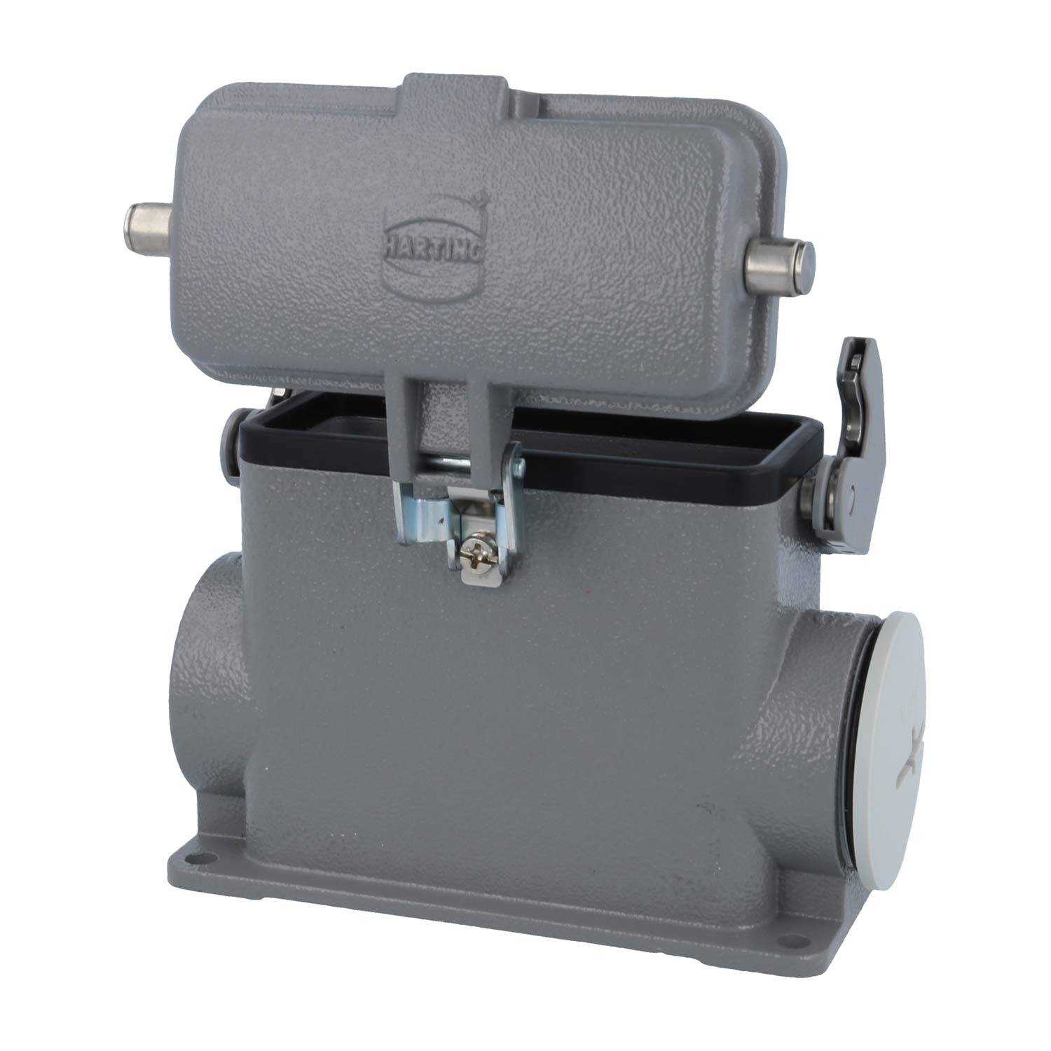 Ein grauer, industrieller HARTING-Anschlussgehäuse mit einem klappbaren Deckel, der häufig für sichere elektrische Verbindungen in Maschinenaufbauten verwendet wird.