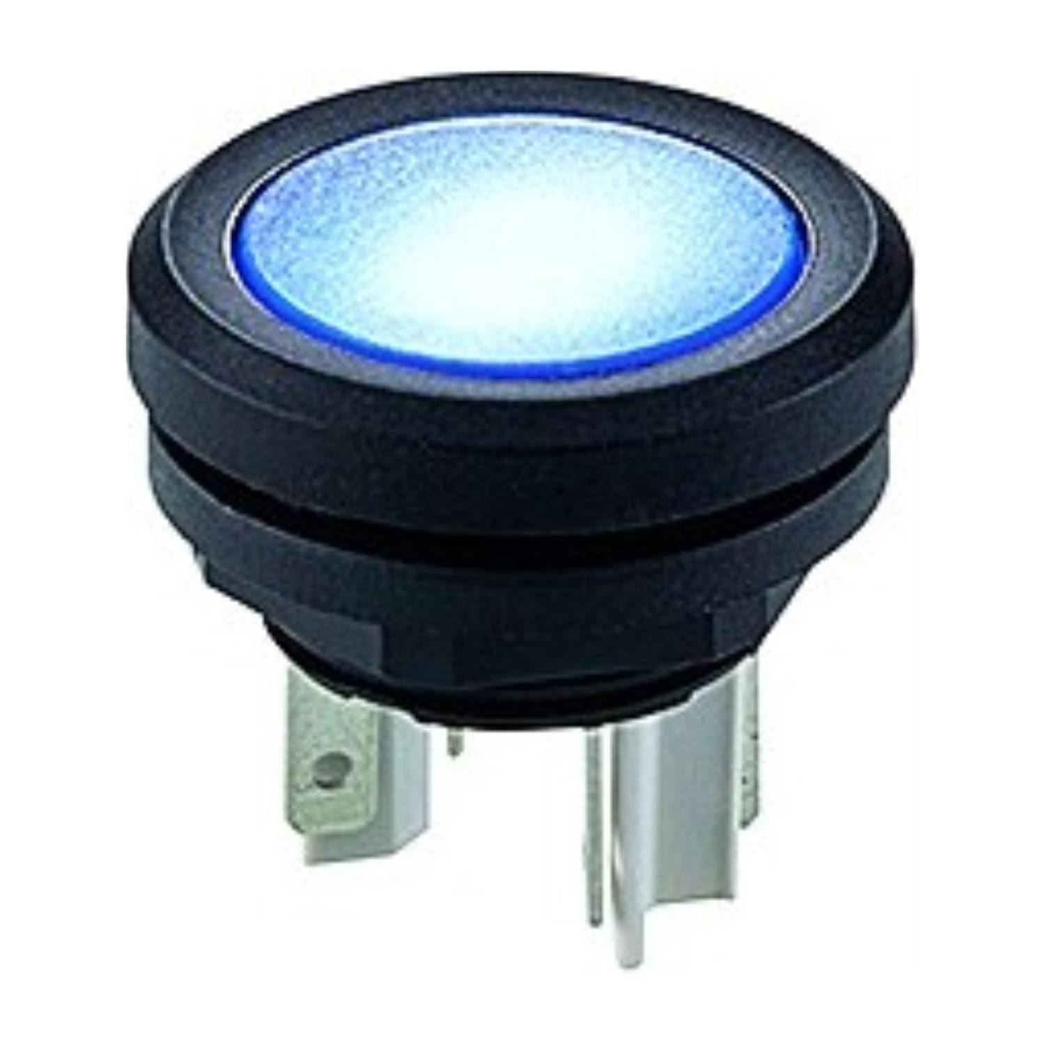 Ein rundes, schwarzes elektronisches Tastenmodul mit blau beleuchterem Oberfläche, konzipiert für die Einbaumontage in elektronischen Geräten oder Bedienfeldern.