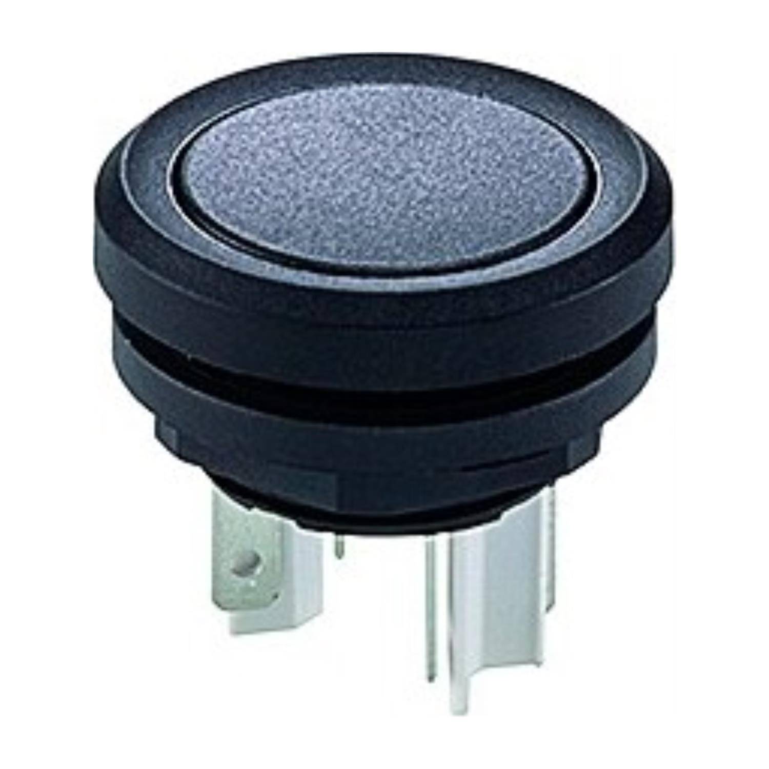 Ein runder schwarzer Drucktaster mit drei Metallkontakten, der für elektronische Geräte verwendet wird.