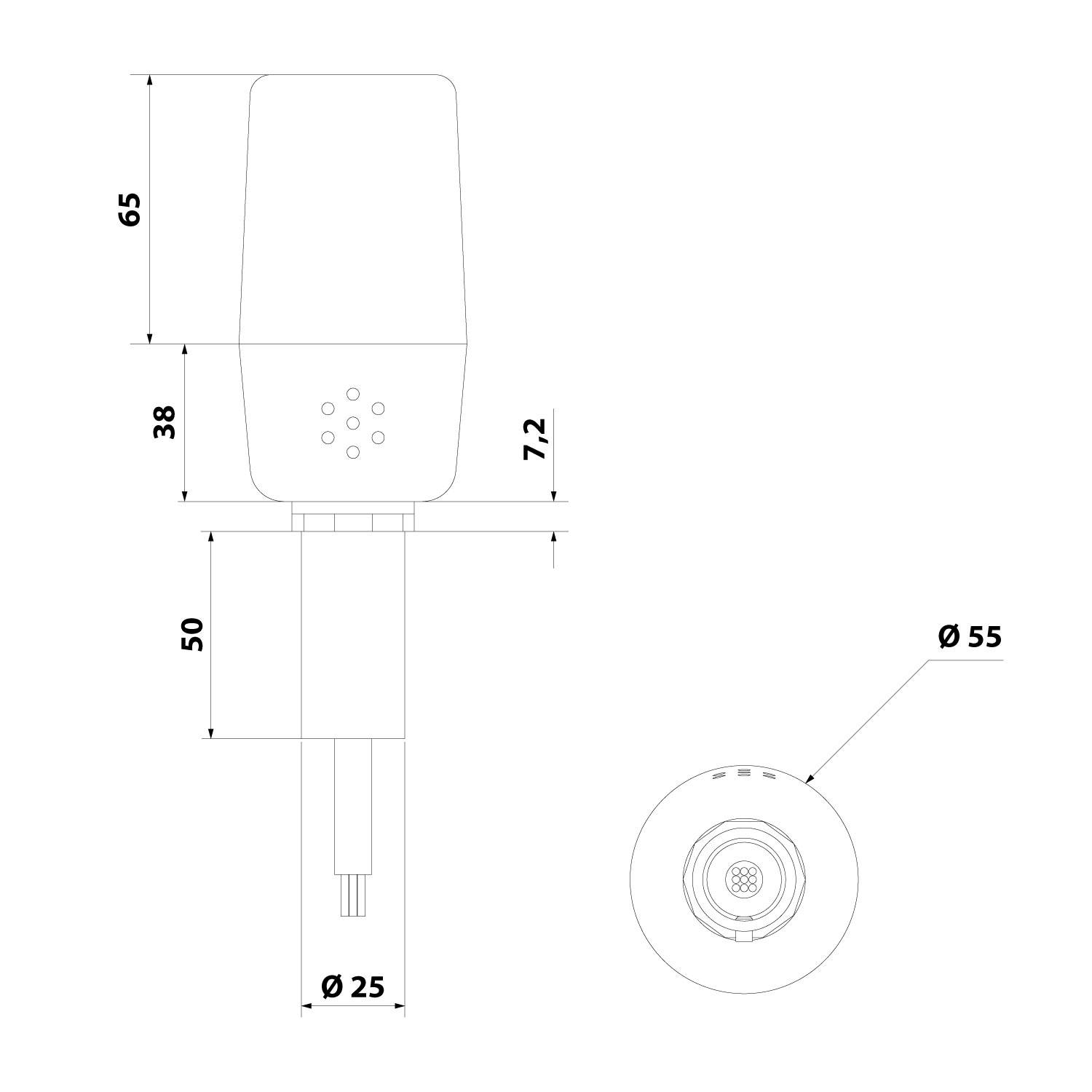 Technische Zeichnung eines zylindrischen Objekts mit vertikalen Abmessungen markiert als 38, 50, 65 und Durchmesser als Ø 25, Ø 55. Draufsicht enthalten.