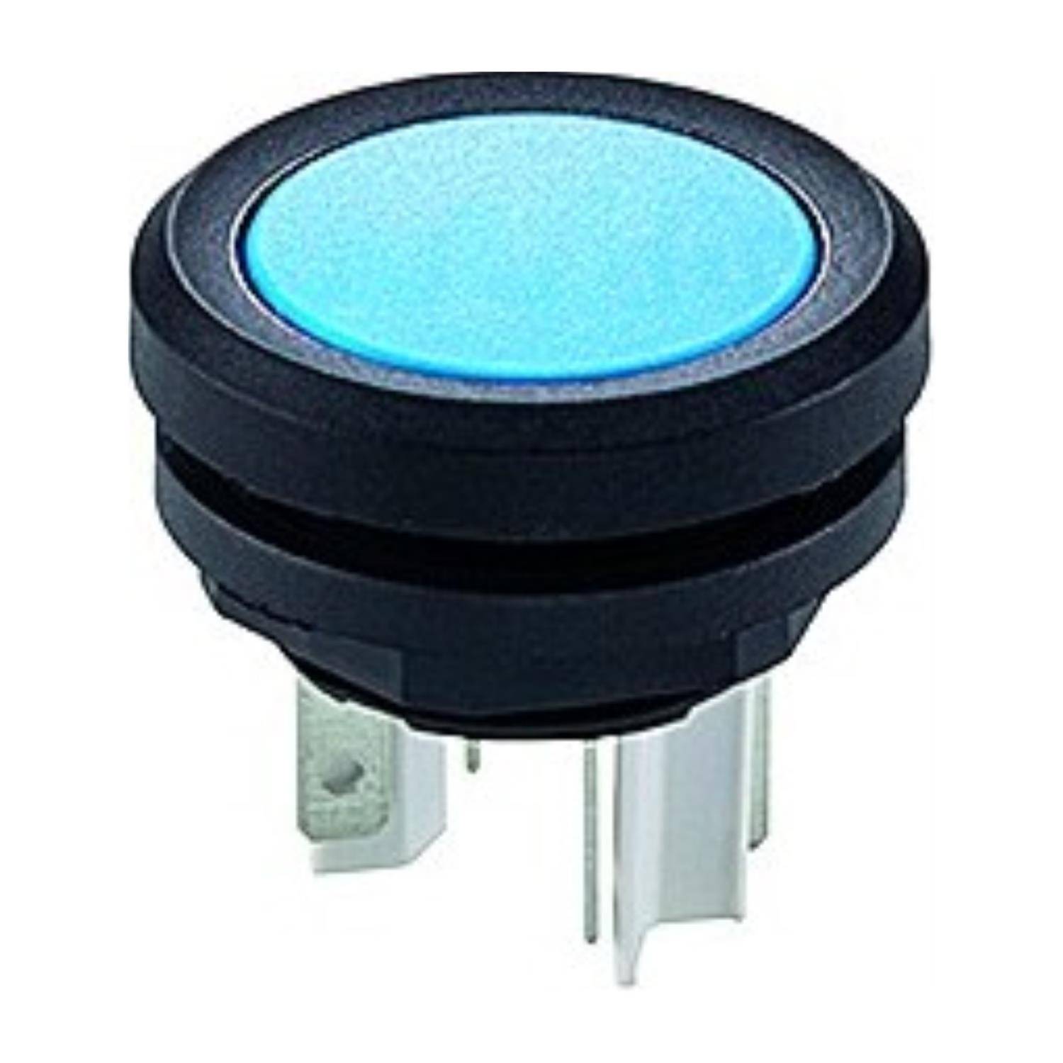 Ein runder, blauer LED-Drucktaster mit schwarzem Gehäuse und Metallkontakten an der Basis, der für elektronische Schaltkreise oder Bedienfelder verwendet wird.