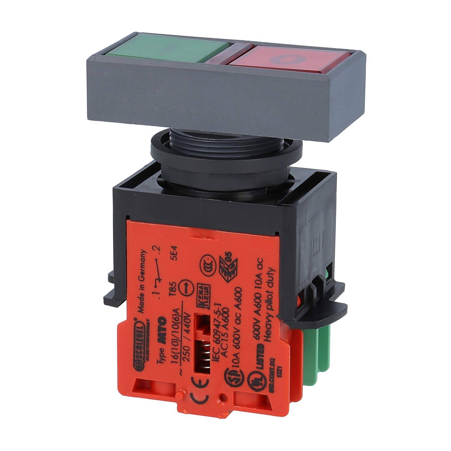 Ein dualer Drucktastenschalter mit grüner 'EIN'- und roter 'AUS'-Taste, mit robustem industriellem Design, verwendet zur Maschinensteuerung.