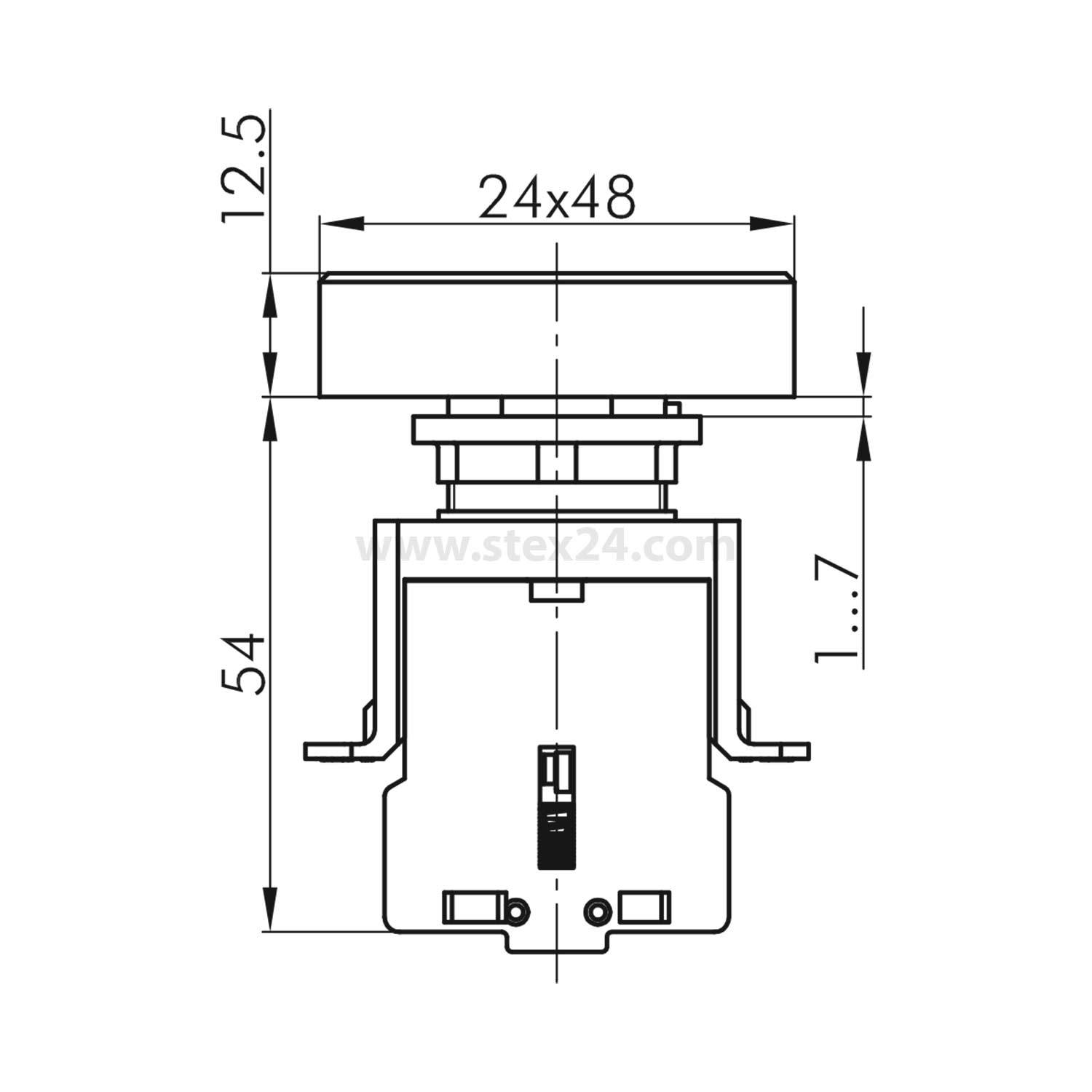 Mechanische Skizze eines rechteckigen Schalters mit beschrifteten Abmessungen: oben 24x48 mm, Höhe 12,5 mm, Basis 54 mm. Seitenansicht.