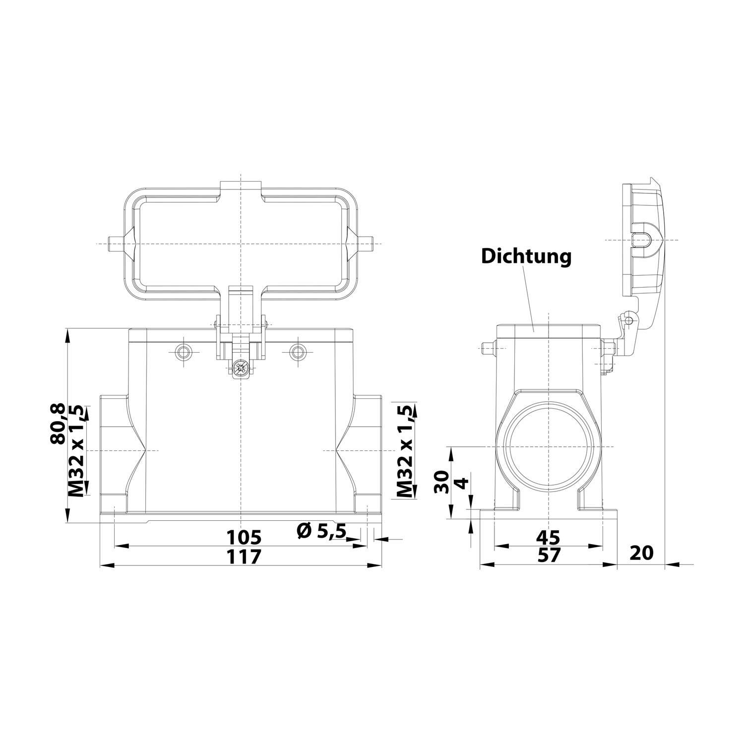 Technische Zeichnung einer mechanischen Vorrichtung mit beschrifteten Abmessungen, Vorder- und Seitenansicht. Bemerkenswerte Messungen umfassen Breiten von 105 mm und 117 mm, mit beschrifteter Verbindung "Dichtung"".