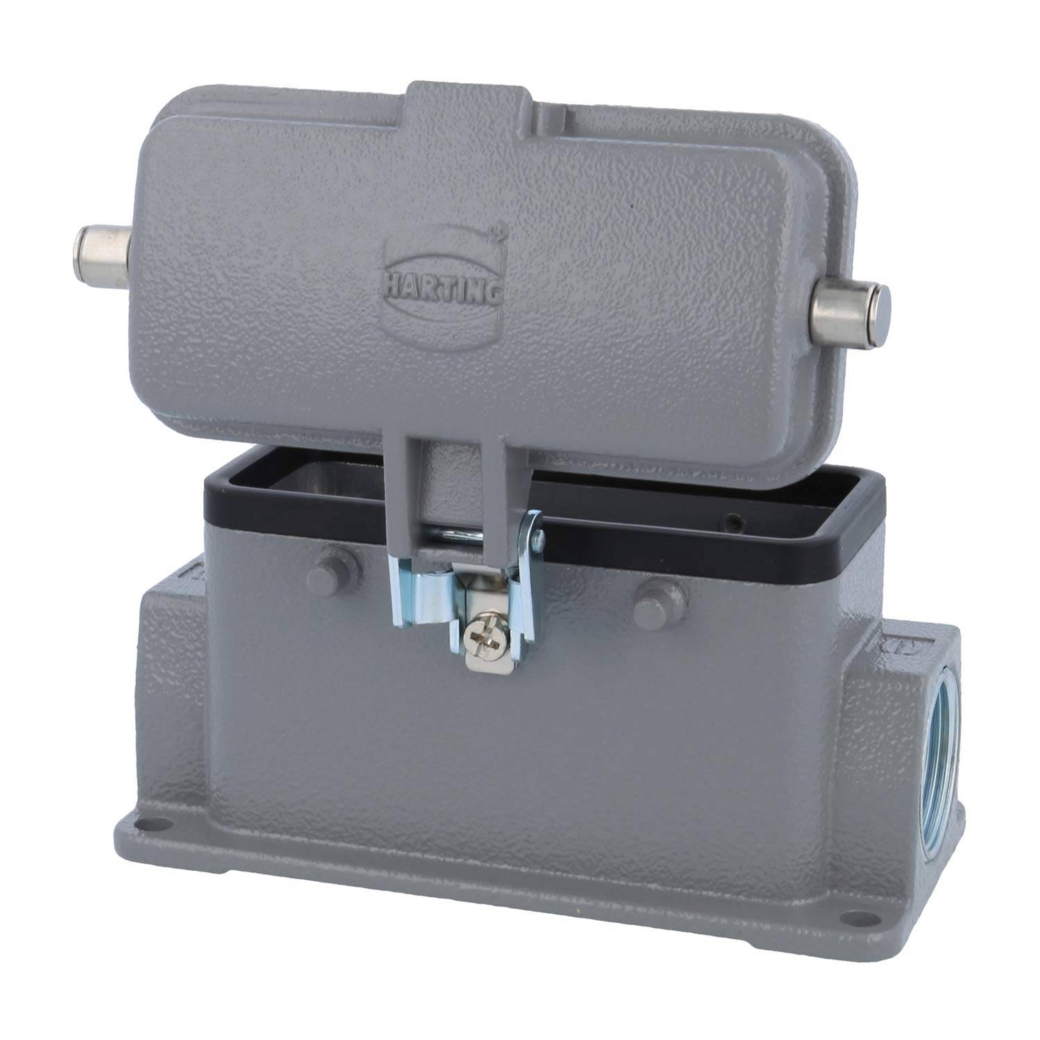 HARTING Industriesteckverbinder-Gehäuse, rechteckige Form, Deckel geöffnet, graue Metalloberfläche, für sichere elektrische Verbindungen.