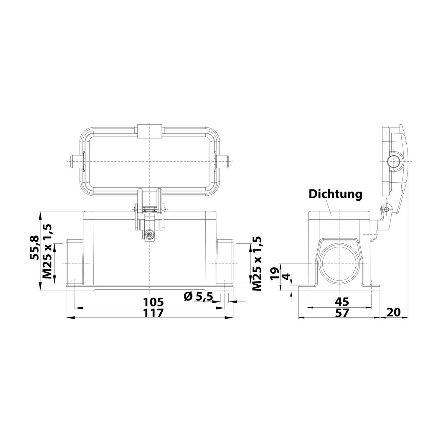 Technische Zeichnung einer rechteckigen Komponente mit Maßangaben, einschließlich Länge 105 mm, Breite 117 mm und Höhe 55,8 mm.