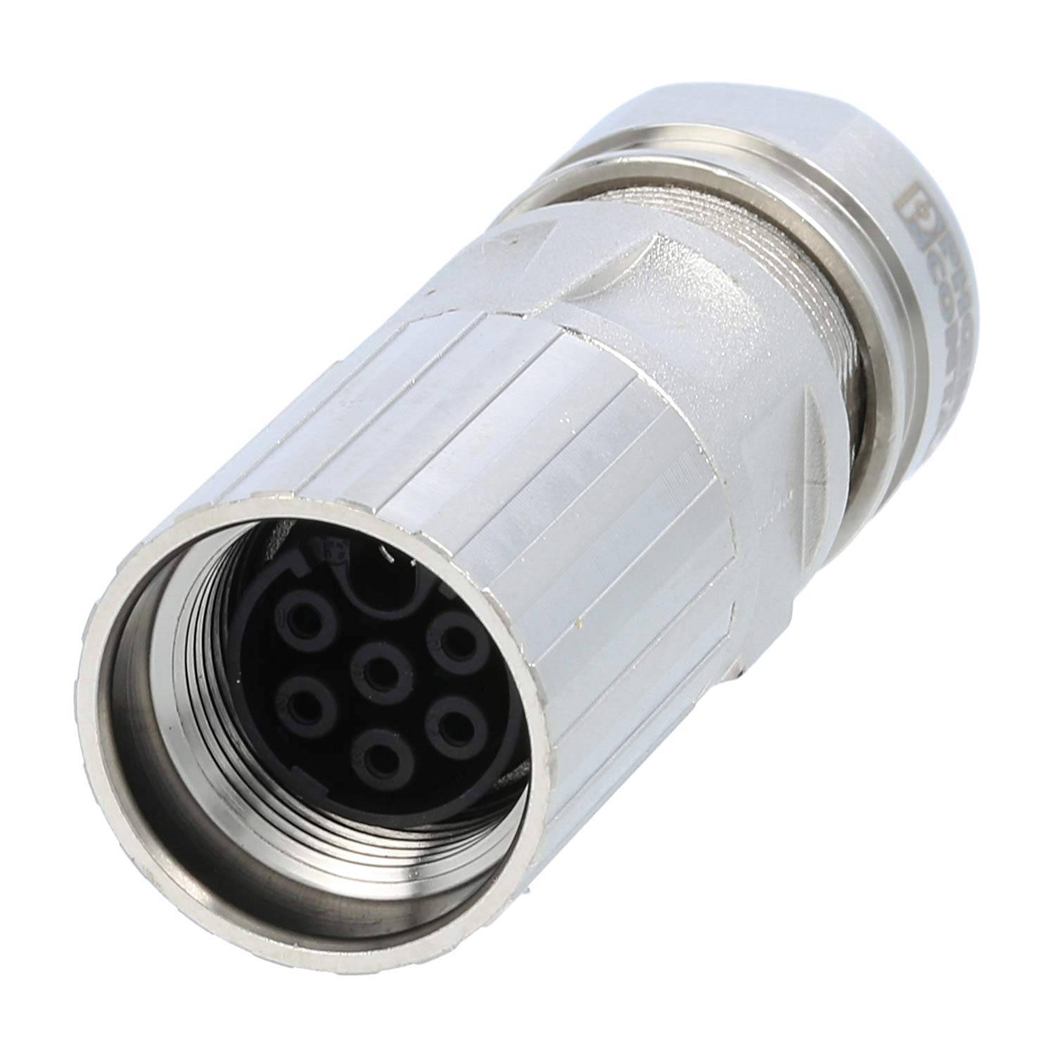 Eine Nahaufnahme eines zylindrischen Metallverbinders mit mehreren Pins, die an einem Ende sichtbar sind und für elektronische oder elektrische Verbindungen verwendet werden.