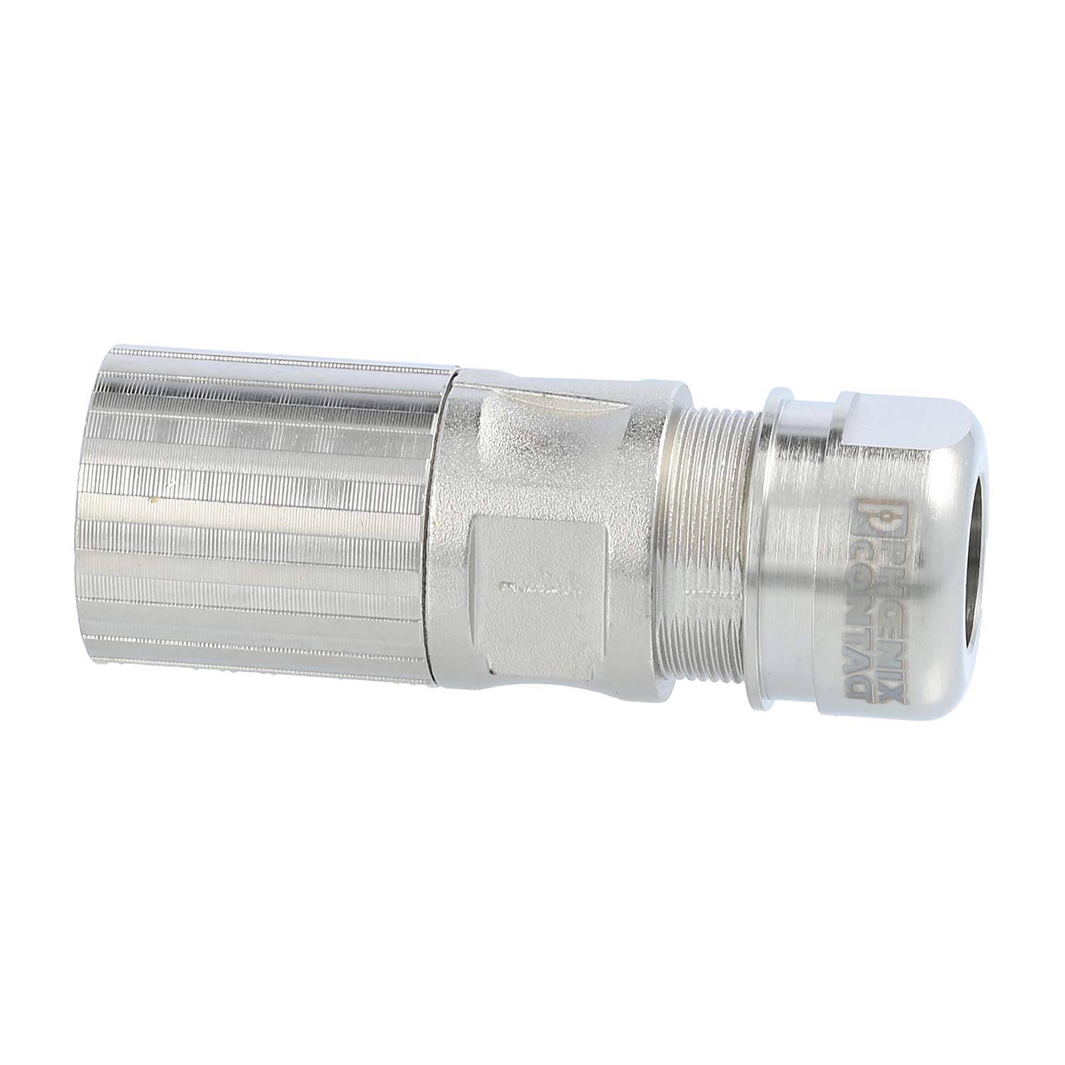 Ein silberner metallischer Industrieanschluss mit Gewinde und einer gerillten Oberfläche. Er erscheint robust und wird wahrscheinlich für Kabelverbindungen verwendet.