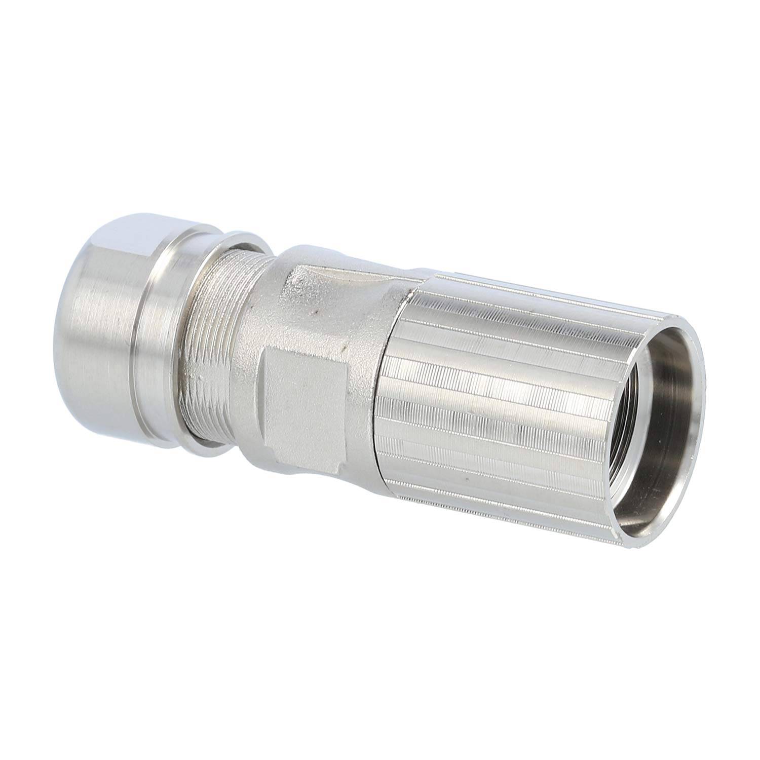 Ein metallischer Koaxialkabelanschluss mit einem verschraubten Abschnitt und einem glatten zylindrischen Ende, der zum Anschluss von Koaxialkabeln an Geräte verwendet wird.