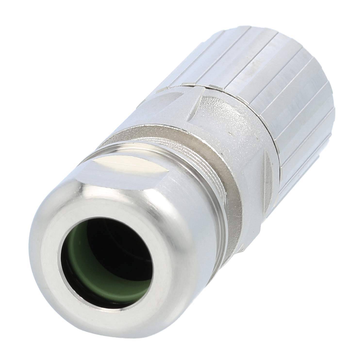 Eine Nahaufnahme eines metallischen Koaxialkabel-Steckers mit einer zylindrischen Form, ausgestattet mit einer gerippten Griffstruktur und einem grünen Innenrand.