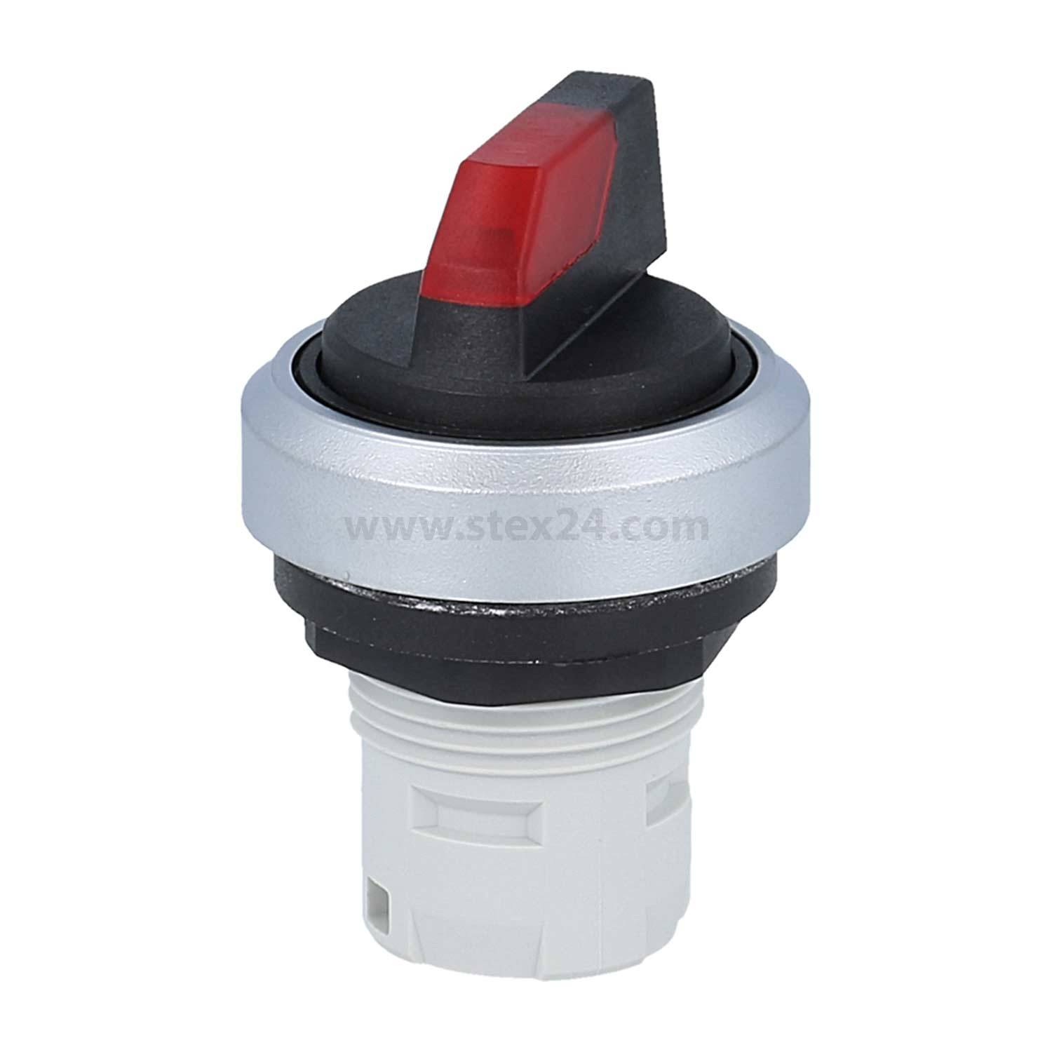 Ein Drucktaster mit einem roten Dreiecksindikator oben, Gehäuse in Silber und Schwarz, entwickelt für elektronische oder industrielle Steuerungspanels.