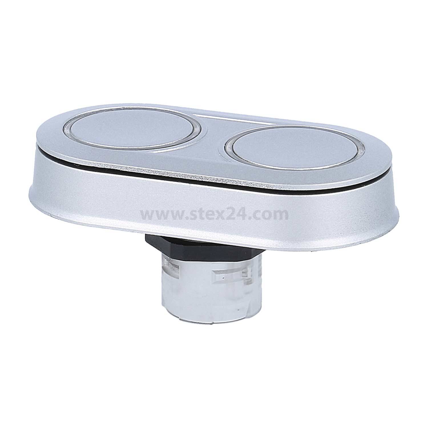 Druckknopf-Mechanismus für Toilettenspülsysteme in Silber. Entwickelt für Dual-Flush-Steuerung, mit zwei runden Tasten auf der Oberseite.