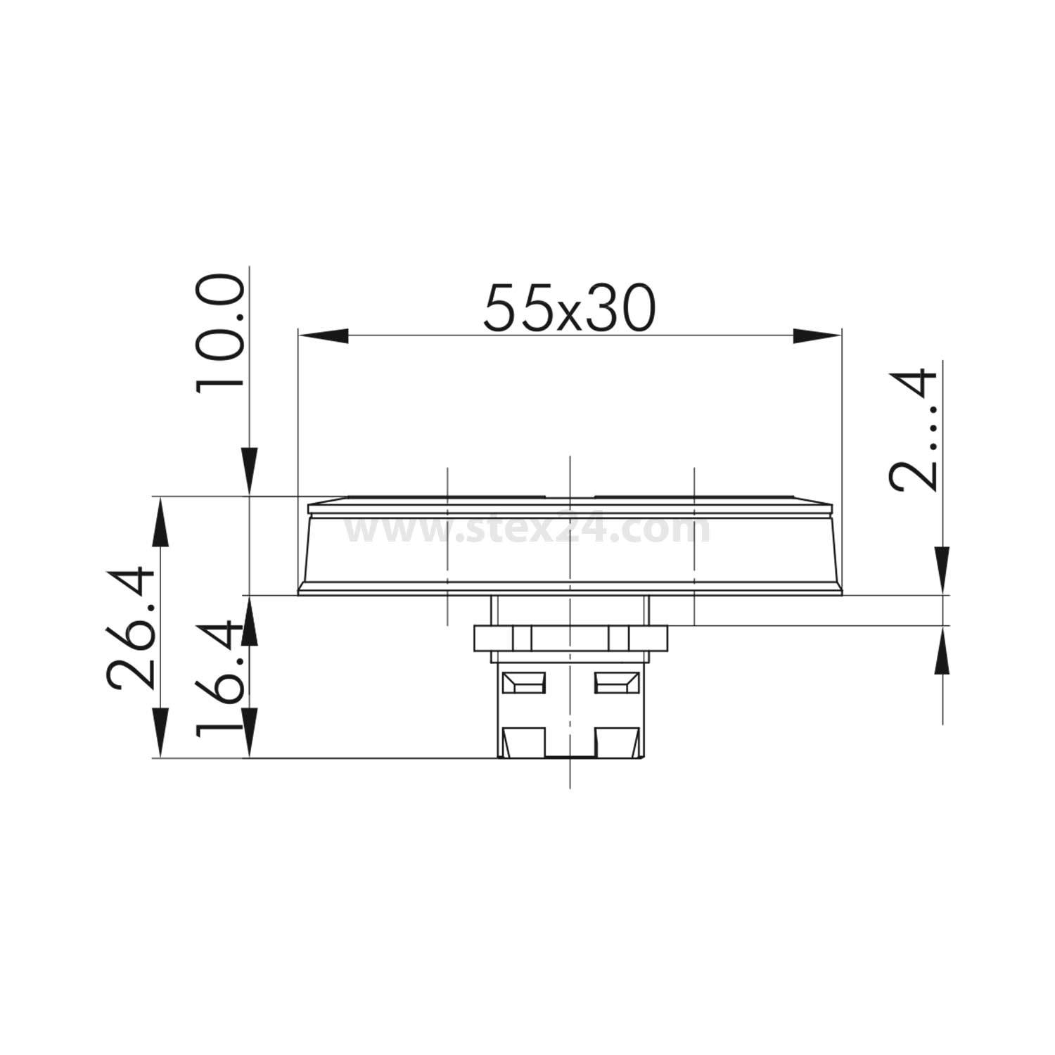 Technische Zeichnung eines rechteckigen Bauteils mit Abmessungen: 55x30 mm für Breite und Tiefe, Höhe von 26,4 mm und Basishöhe von 16,4 mm.