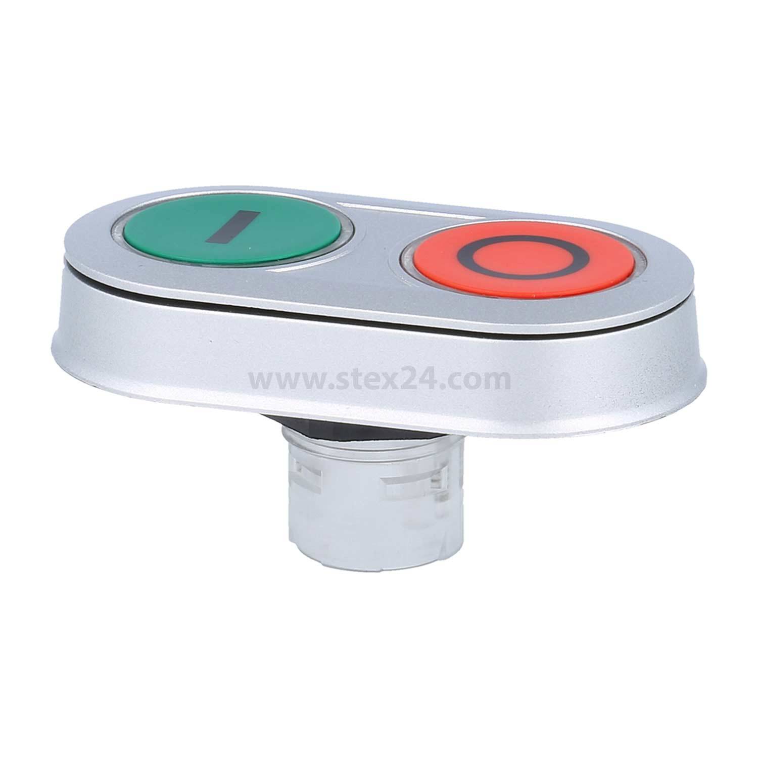 Zweitasten-Schalter mit einem grünen 'I' für ein und einem roten 'O' für aus, montiert auf einer silbernen Basis.