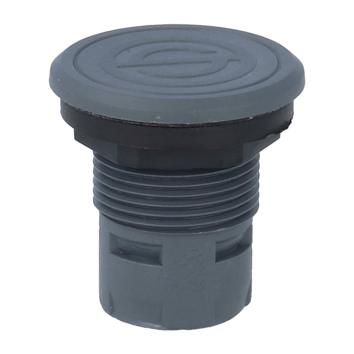 Eine schwarze und graue Kunststoff-Schraubkappe mit strukturierter Griffoberfläche, entwickelt zum Verschließen von Behältern oder Flaschen, abgebildet vor einem einfarbigen weißen Hintergrund.