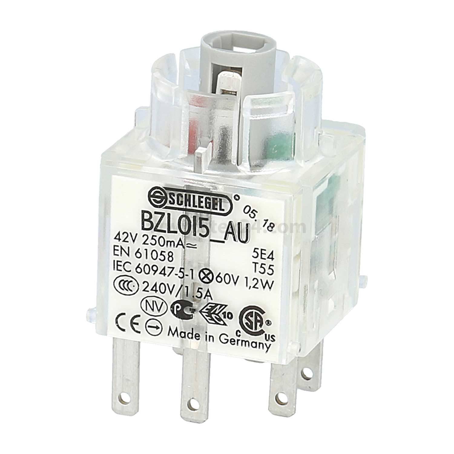 Eine transparente Schlegel Elektrokomponente, beschriftet mit 'BZL015 AU', ausgelegt für 42V 250mA und 240V/1,5A, hergestellt in Deutschland, mit mehreren Metallstiften.