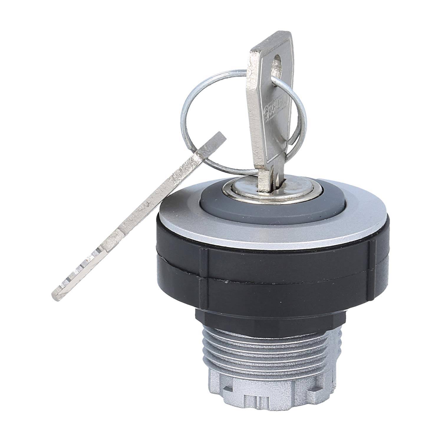 Eine Metallschloss-Zylinder mit einem eingelegten Schlüssel, mit einer kreisförmigen Montagebasis und Ring für eine sichere Montage, von oben betrachtet.