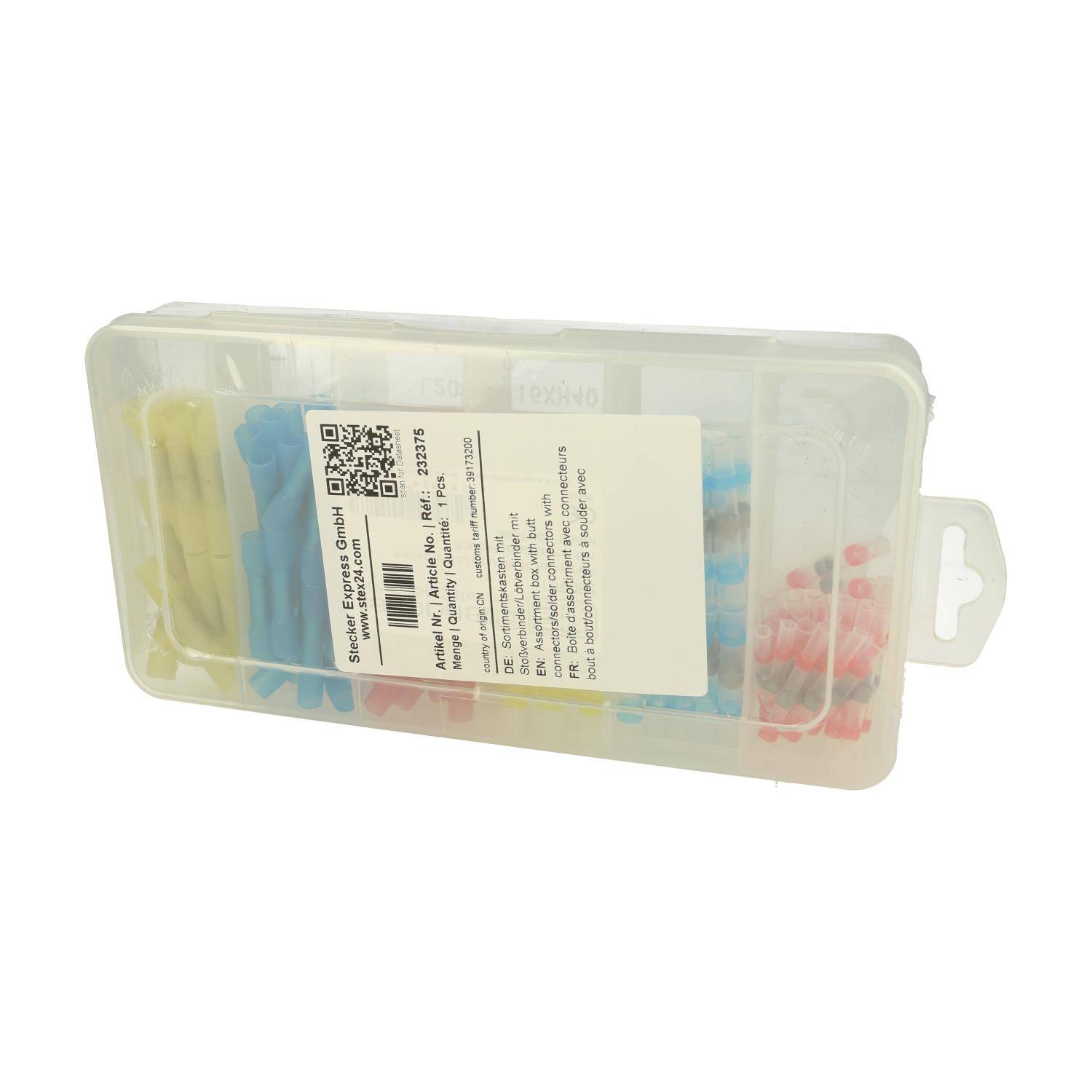 Eine versiegelte transparente Box, die verschiedenfarbige Plastikgegenstände enthält, wird präsentiert, mit einem weißen Etikett, das einen Barcode und einen QR-Code trägt.