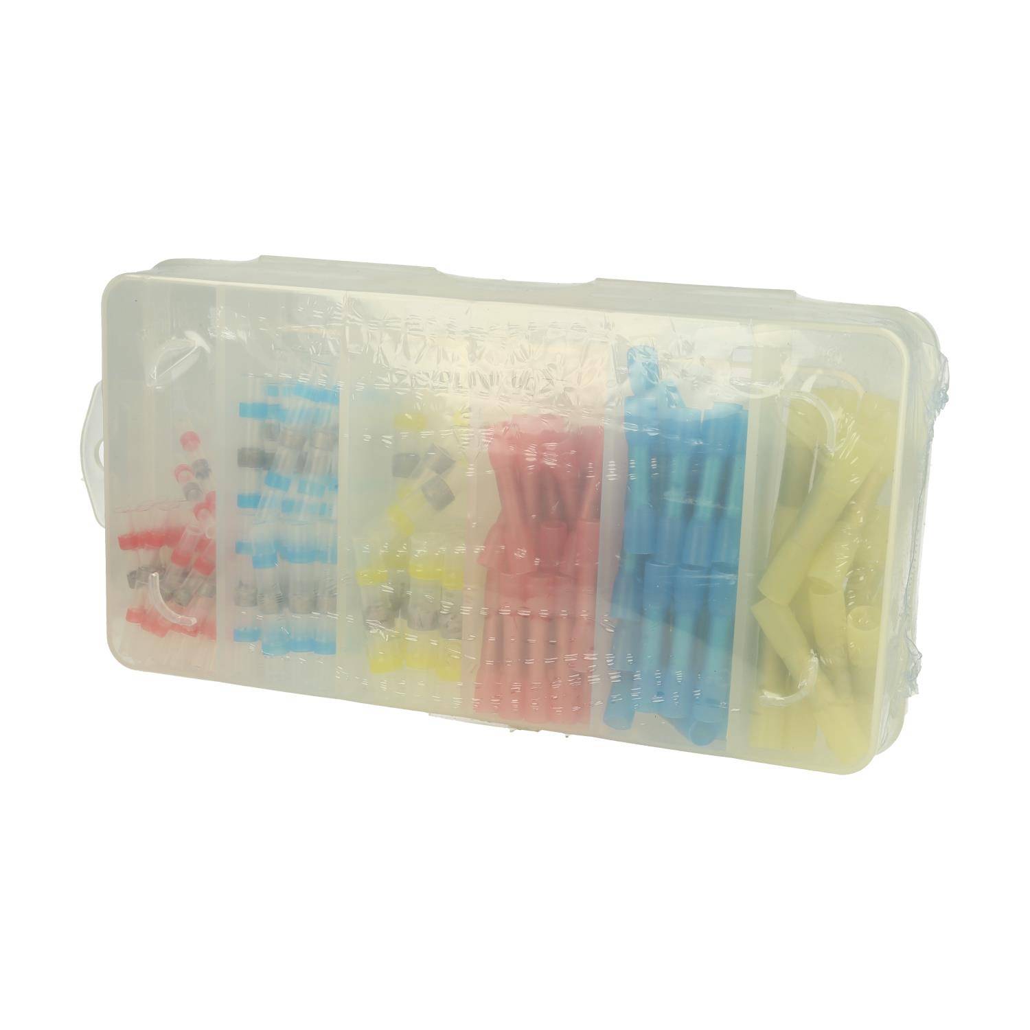 Plastikbox mit Fächern, die verschiedene farbige Klemmnippel enthält, einschließlich roter, gelber und blauer Verbinder, zur Organisation für elektrische Zwecke.