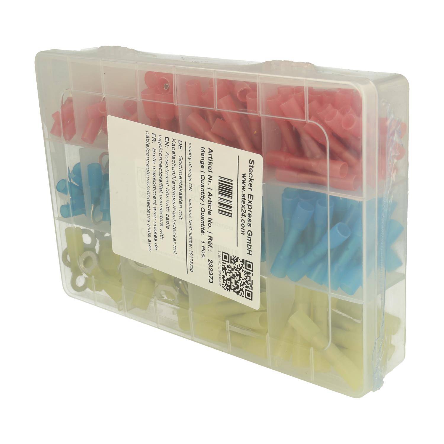 Ein transparenter Kunststoffbehälter, der verschiedene farbige Kabelverbinder enthält, die in Fächern angeordnet sind; enthält eine Beschriftung mit Produktdetails.