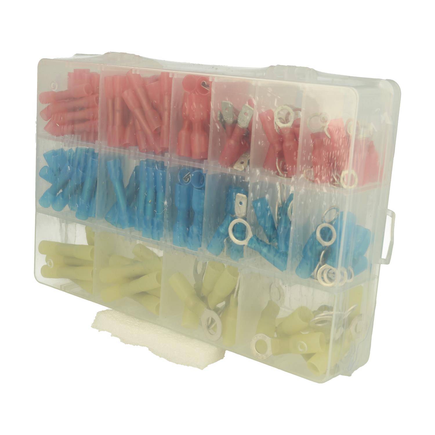 Eine Plastikbox, die verschiedene isolierte Leitungsverbinder in unterschiedlichen Farben und Typen enthält, in separate Fächer unterteilt.