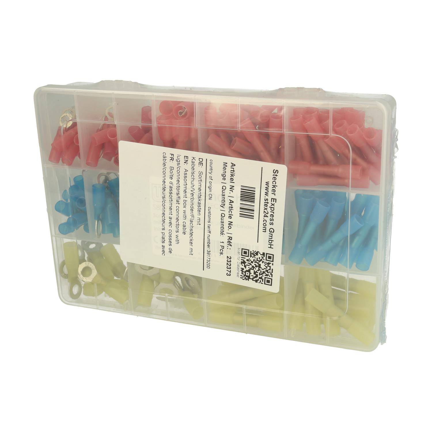 Kunststoff-Aufbewahrungsbox mit Fächern, die rote, blaue und gelbe Kabelverbinder enthält. Weißes Etikett mit Produktdetails auf der Oberseite.